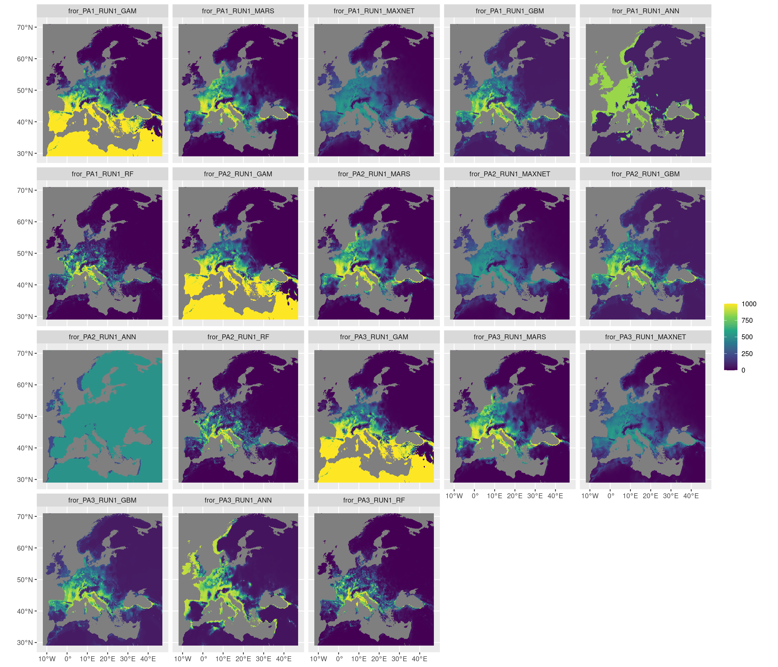 Projection de la distribution potentielle contemporaine sur l'Europe, selon les 6 algorithmes et les 3 runs.