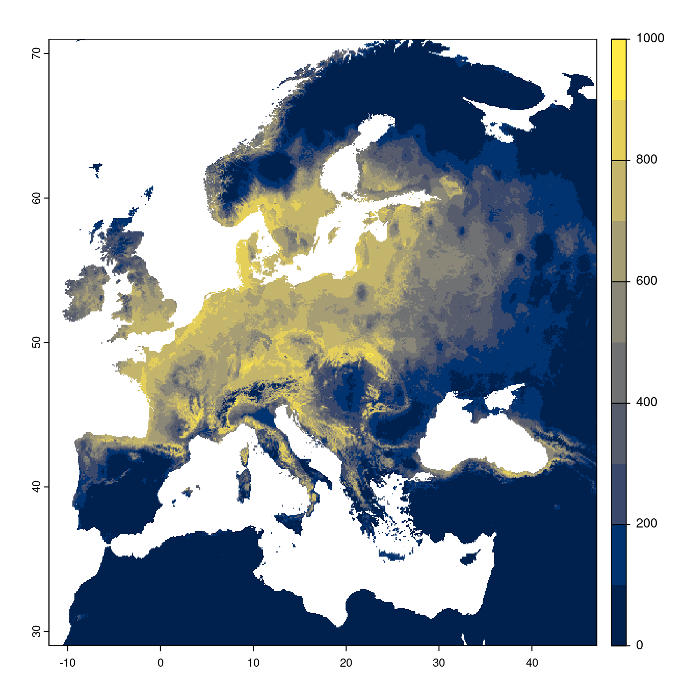 Projection des distributions potentielles futures jusqu'à l'horizon 2100 sous le scénario SSP3-7.0 (modèle d'ensemble).