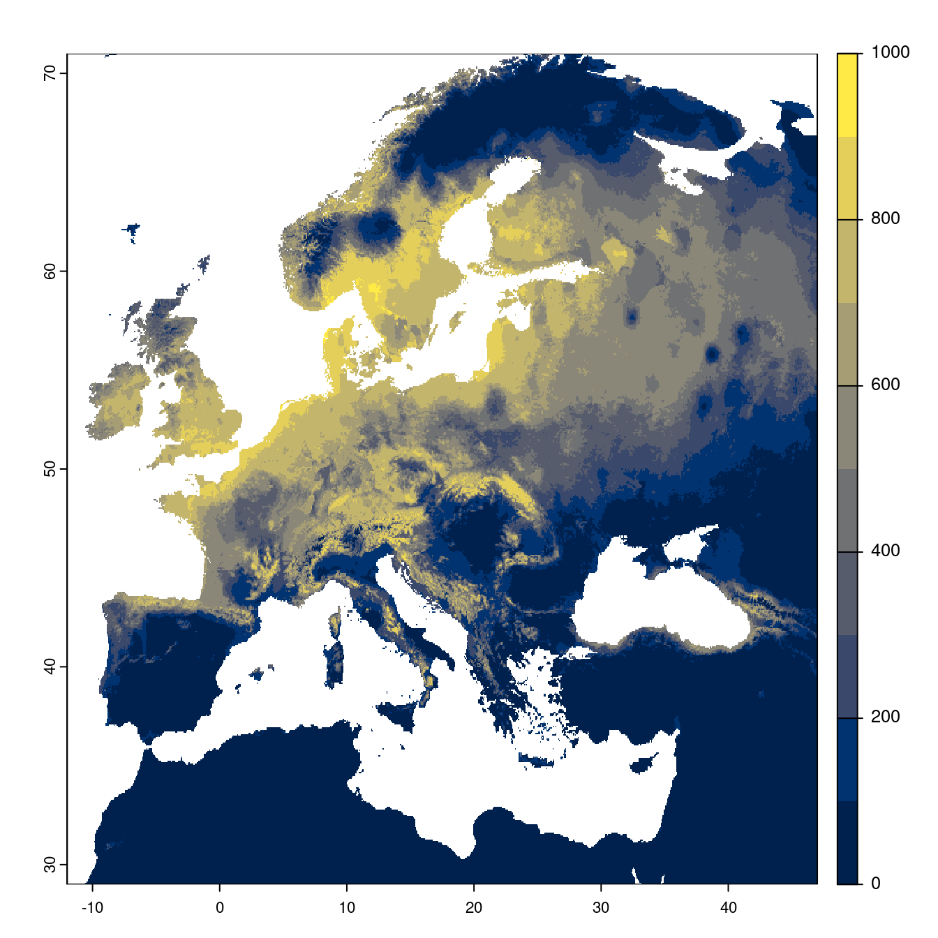Projection des distributions potentielles futures jusqu'à l'horizon 2100 sous le scénario SSP3-7.0 (modèle d'ensemble).