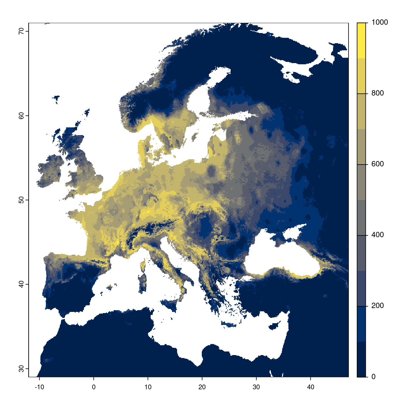 Projection des distributions potentielles futures jusqu'à l'horizon 2100 sous le scénario SSP5-8.5 (modèle d'ensemble).