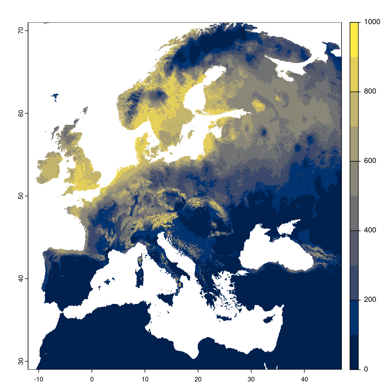 Projection des distributions potentielles futures jusqu'à l'horizon 2100 sous le scénario SSP5-8.5 (modèle d'ensemble).