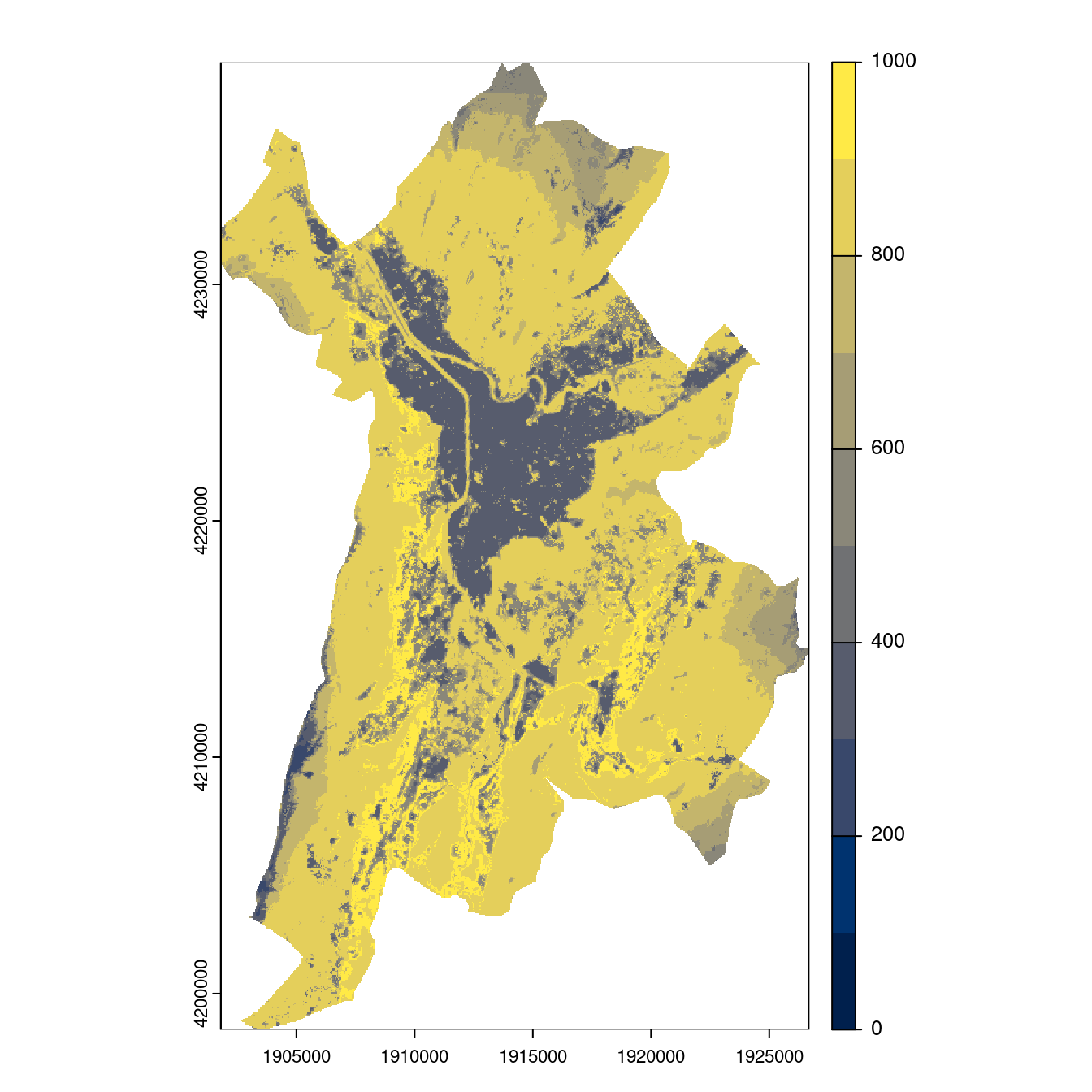 Projection des distributions potentielles contemporaine et futures jusqu'à l'horizon 2100 sous le scénario SSP5-8.5 (modèle d'ensemble, GCM IPSL).