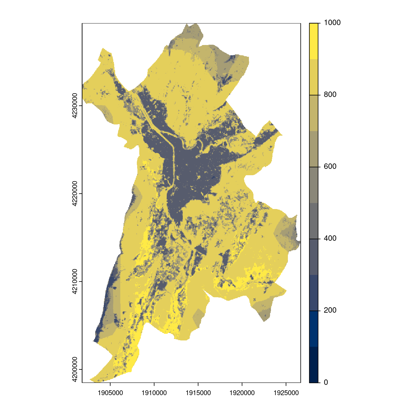 Projection des distributions potentielles contemporaine et futures jusqu'à l'horizon 2100 sous le scénario SSP5-8.5 (modèle d'ensemble, GCM IPSL).