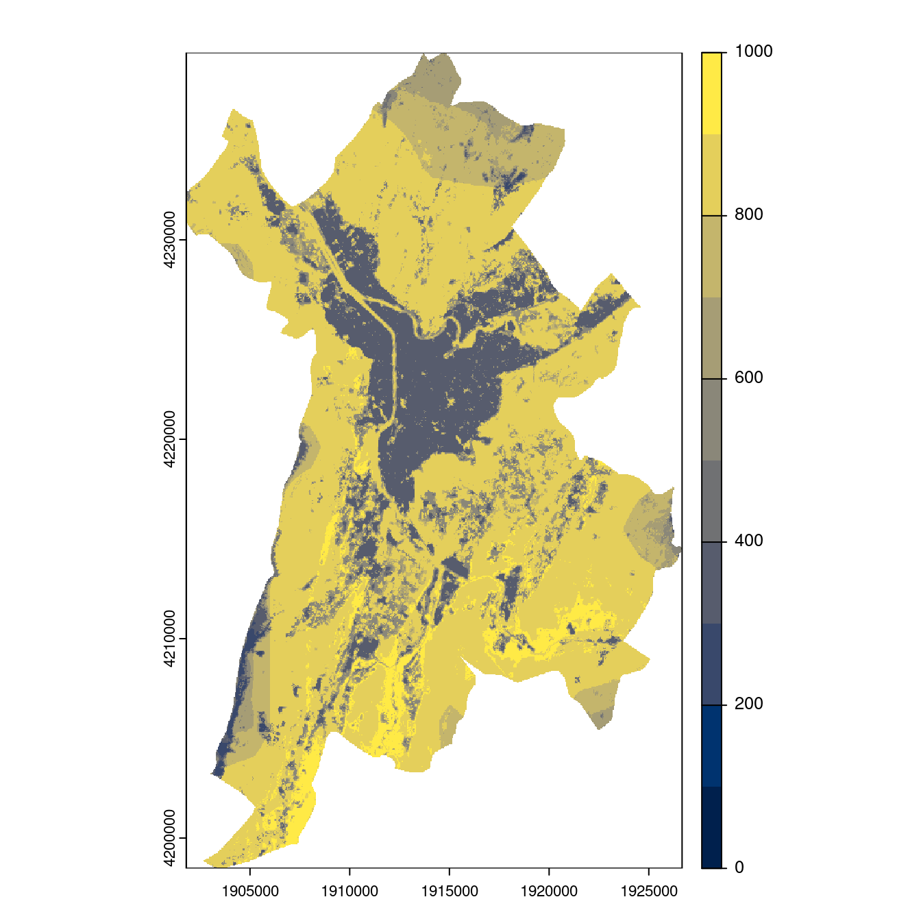 Projection des distributions potentielles contemporaine et futures jusqu'à l'horizon 2100 sous le scénario SSP5-8.5 (modèle d'ensemble, GCM IPSL).