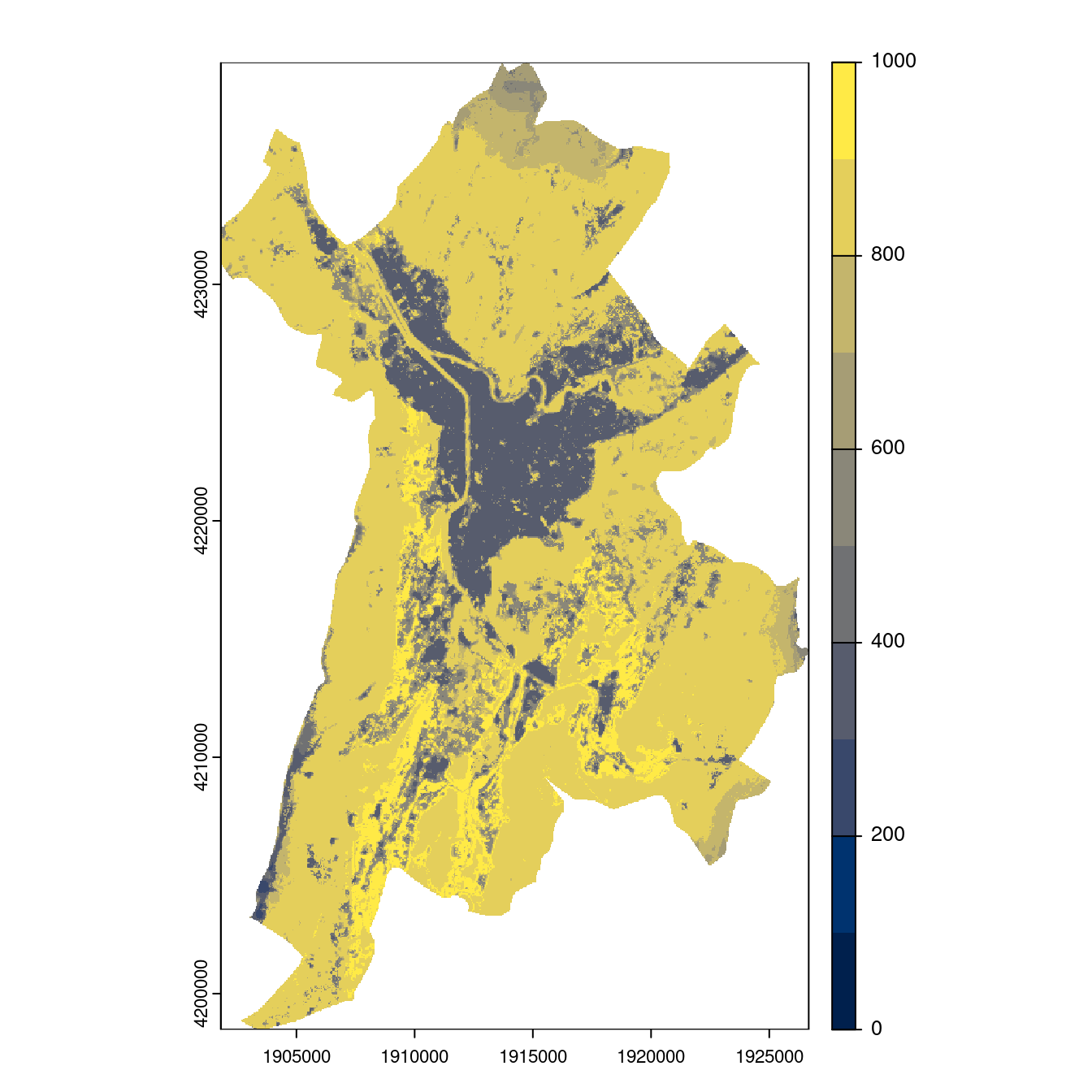 Projection des distributions potentielles contemporaine et futures jusqu'à l'horizon 2100 sous le scénario SSP5-8.5 (modèle d'ensemble, GCM IPSL).