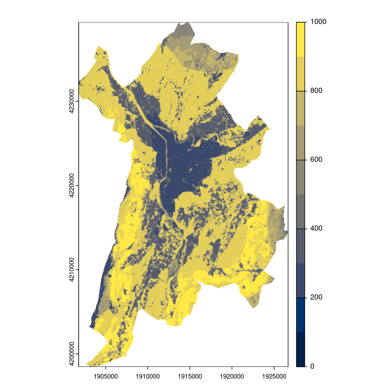 Projection des distributions potentielles contemporaine et futures jusqu'à l'horizon 2100 sous le scénario SSP5-8.5 (modèle d'ensemble, GCM IPSL).