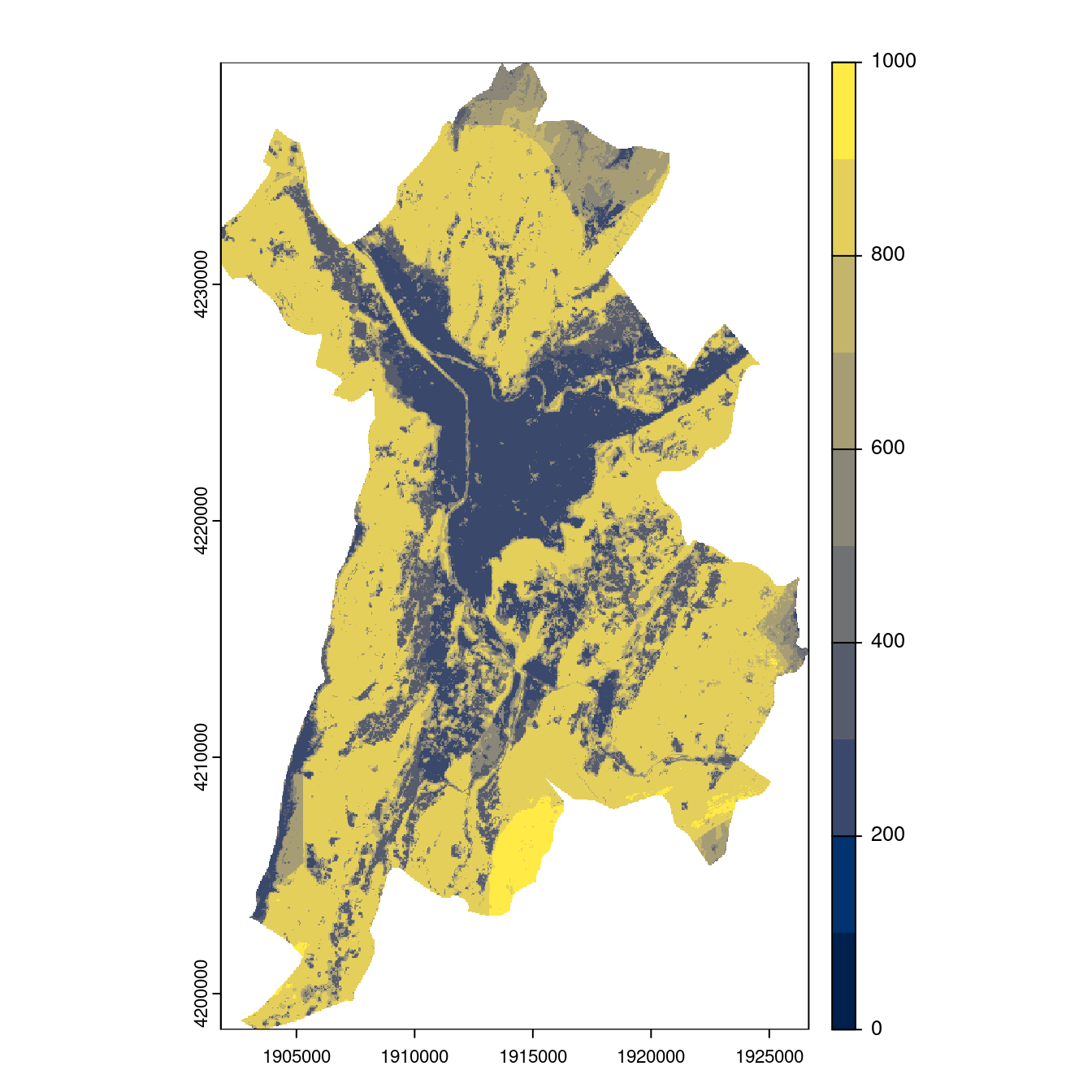 Projection des distributions potentielles contemporaine et futures jusqu'à l'horizon 2100 sous le scénario SSP5-8.5 (modèle d'ensemble, GCM IPSL).