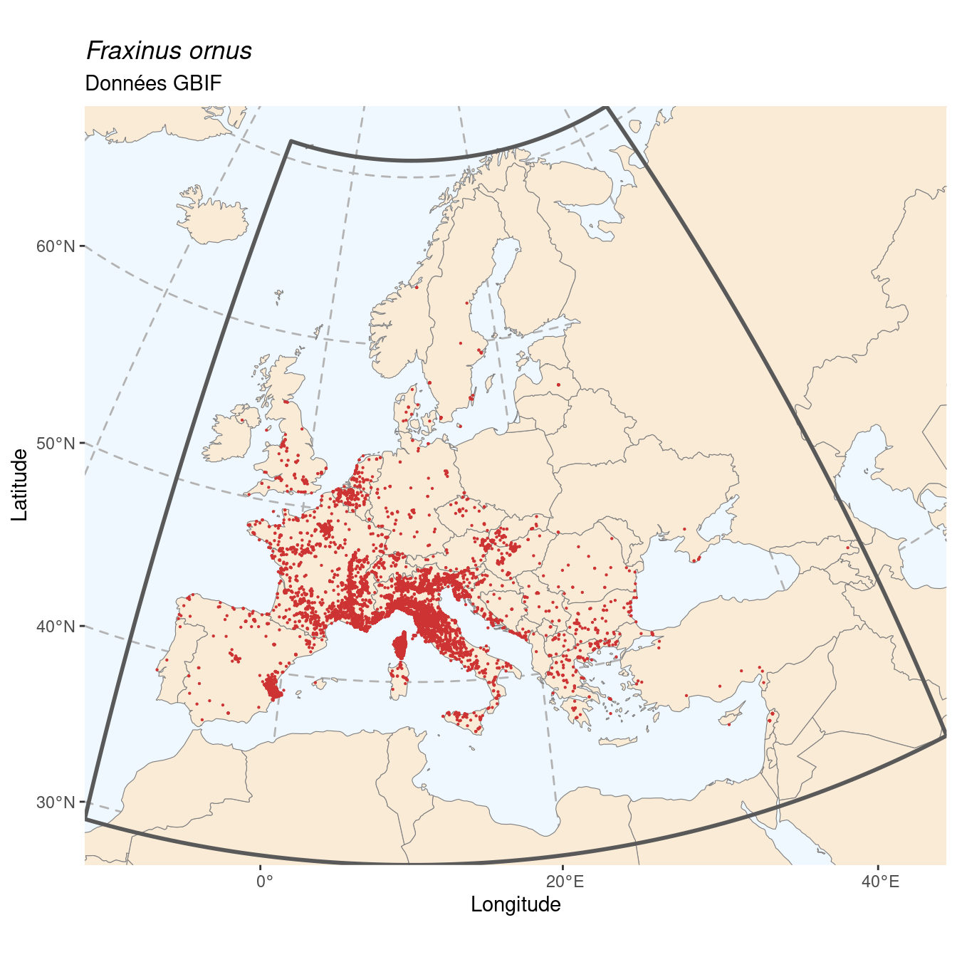 Occurrence de Fraxinus ornus dans la région d'endémisme.
