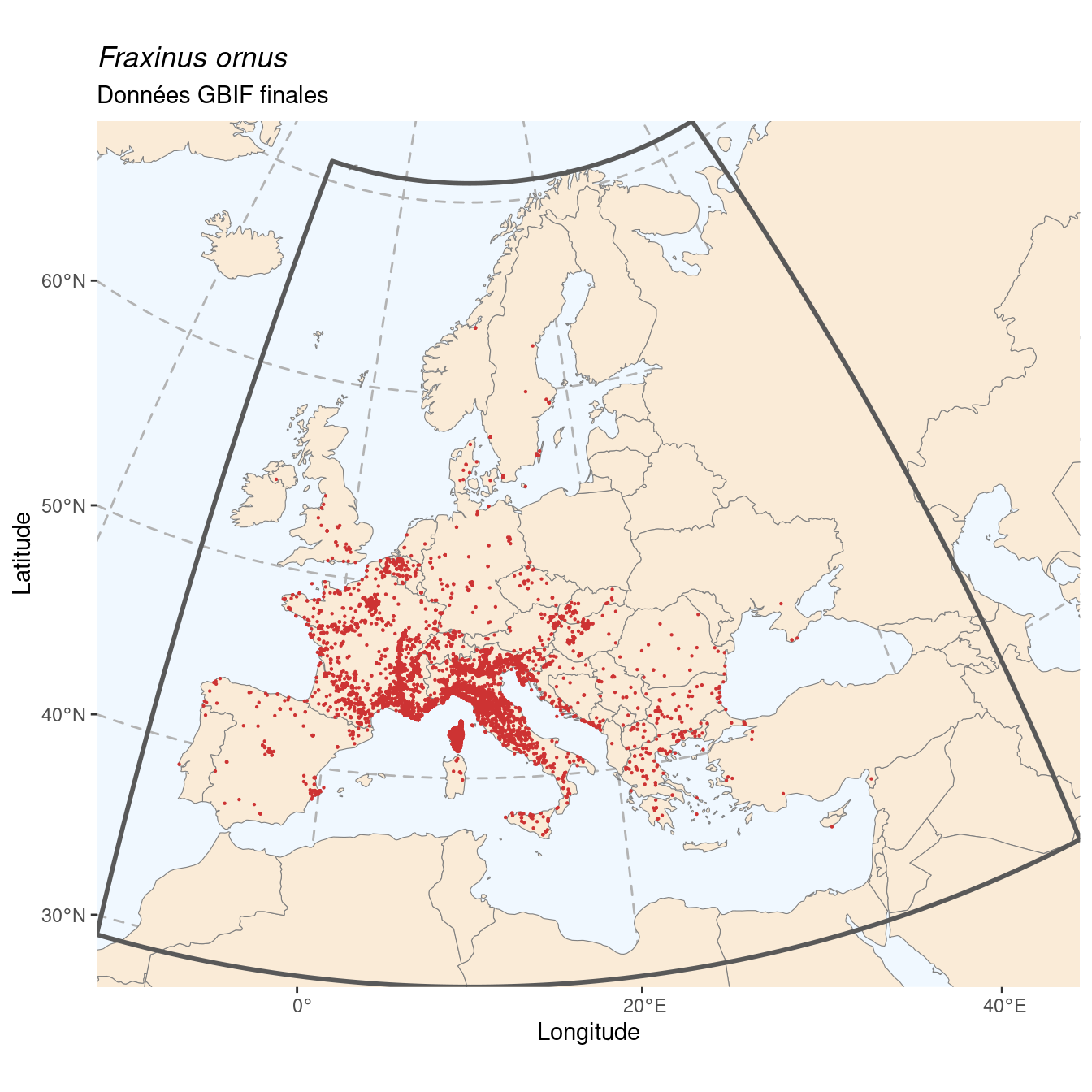 Occurrence de Fraxinus ornus dans la région d'endémisme après sous-échantillonnage éventuel.