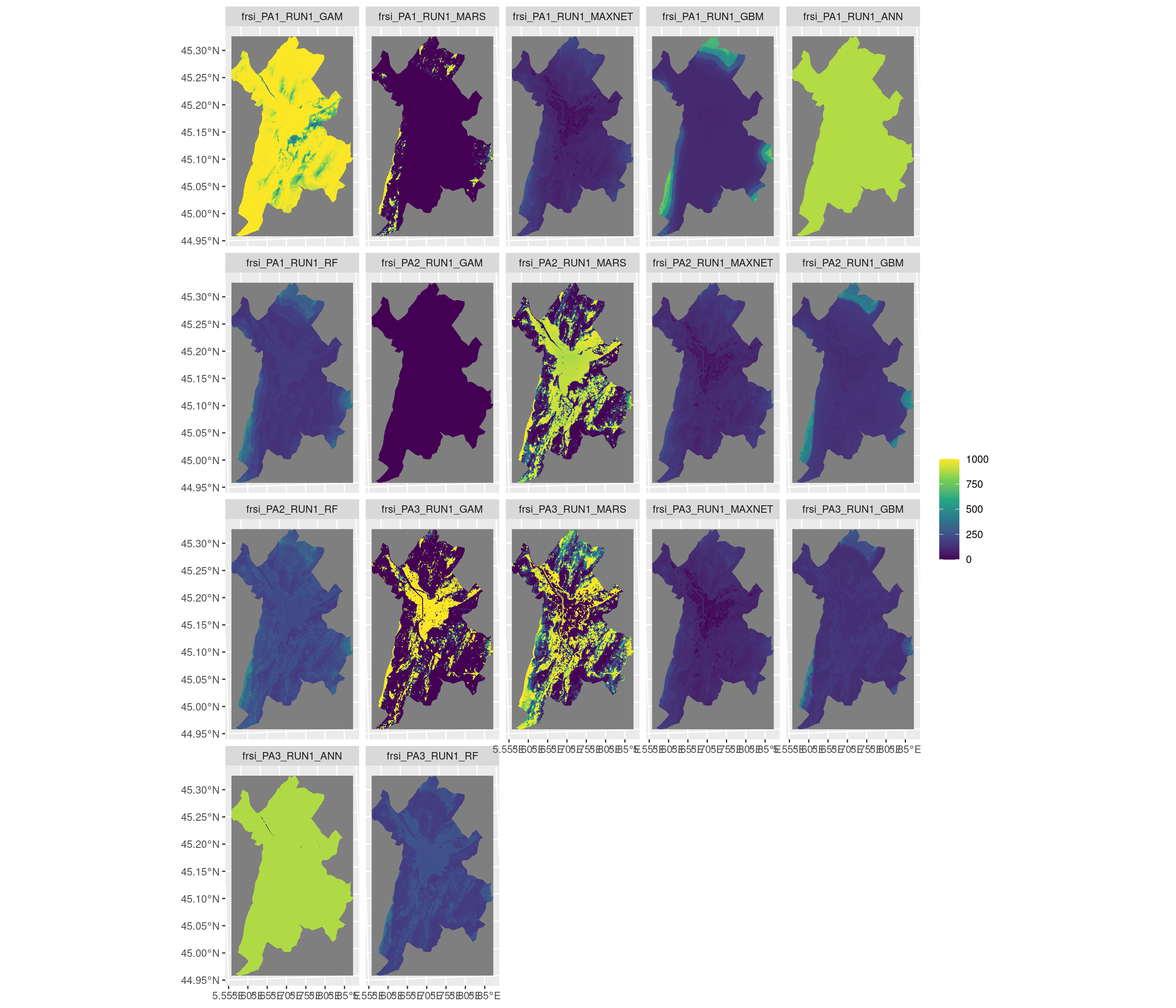 Projection de la distribution potentielle contemporaine sur la métropole de Grenoble, selon les 6 algorithmes et les 3 runs.