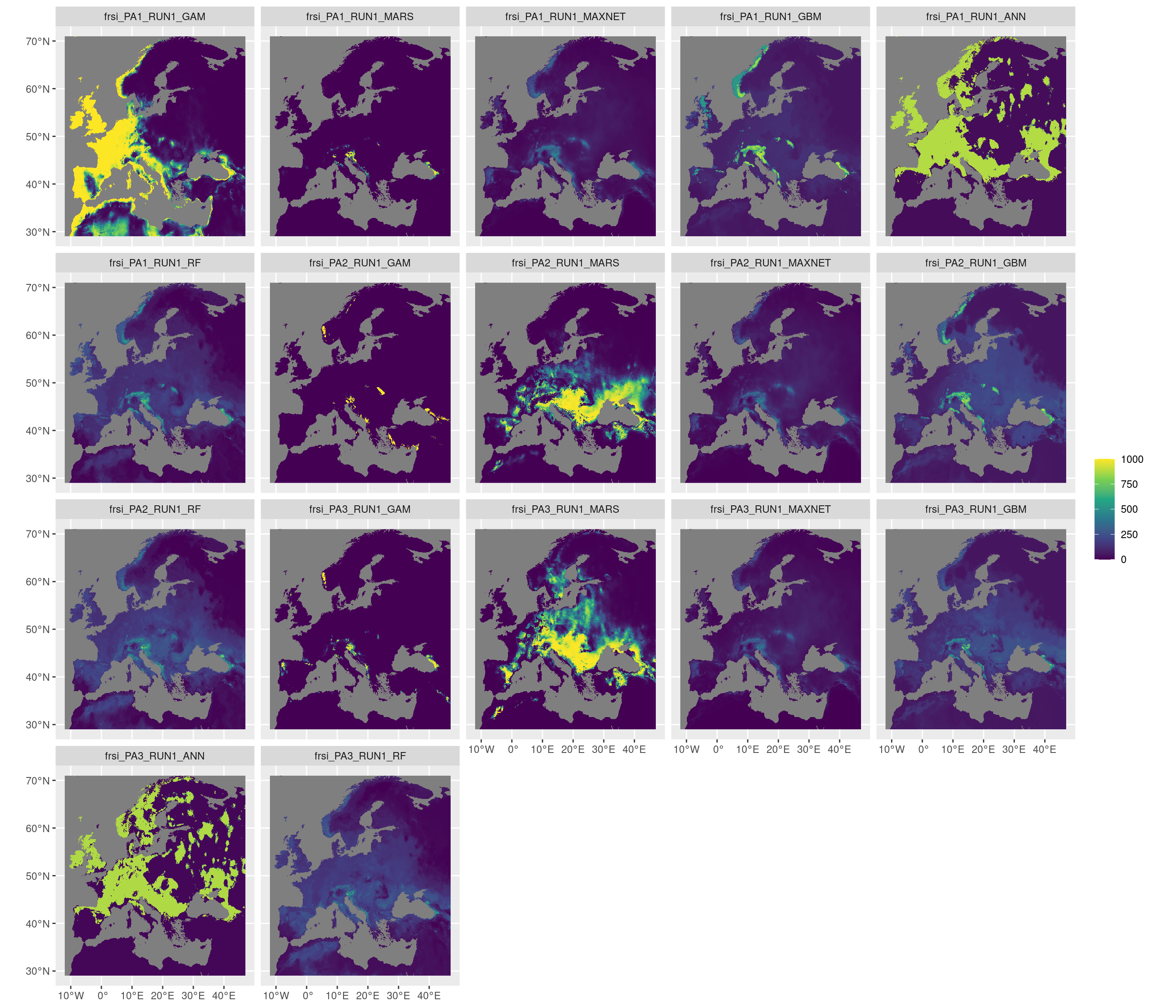 Projection de la distribution potentielle contemporaine sur l'Europe, selon les 6 algorithmes et les 3 runs.