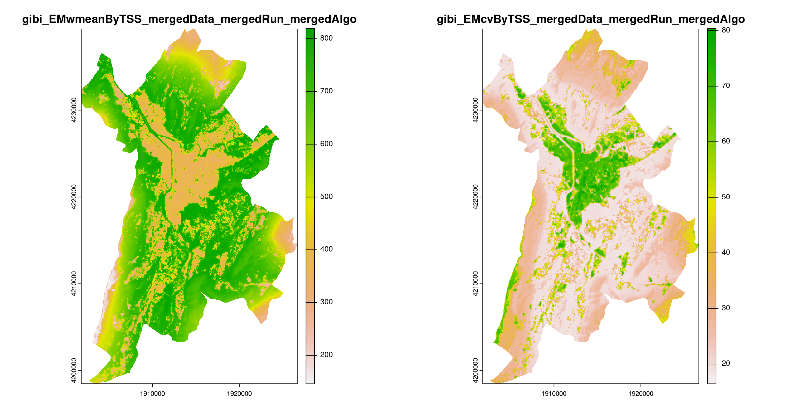 A) Projection de la distribution potentielle contemporaine (modèle d'ensemble) sur la métropole de Grenoble ; B) Incertitude associée à la projection.