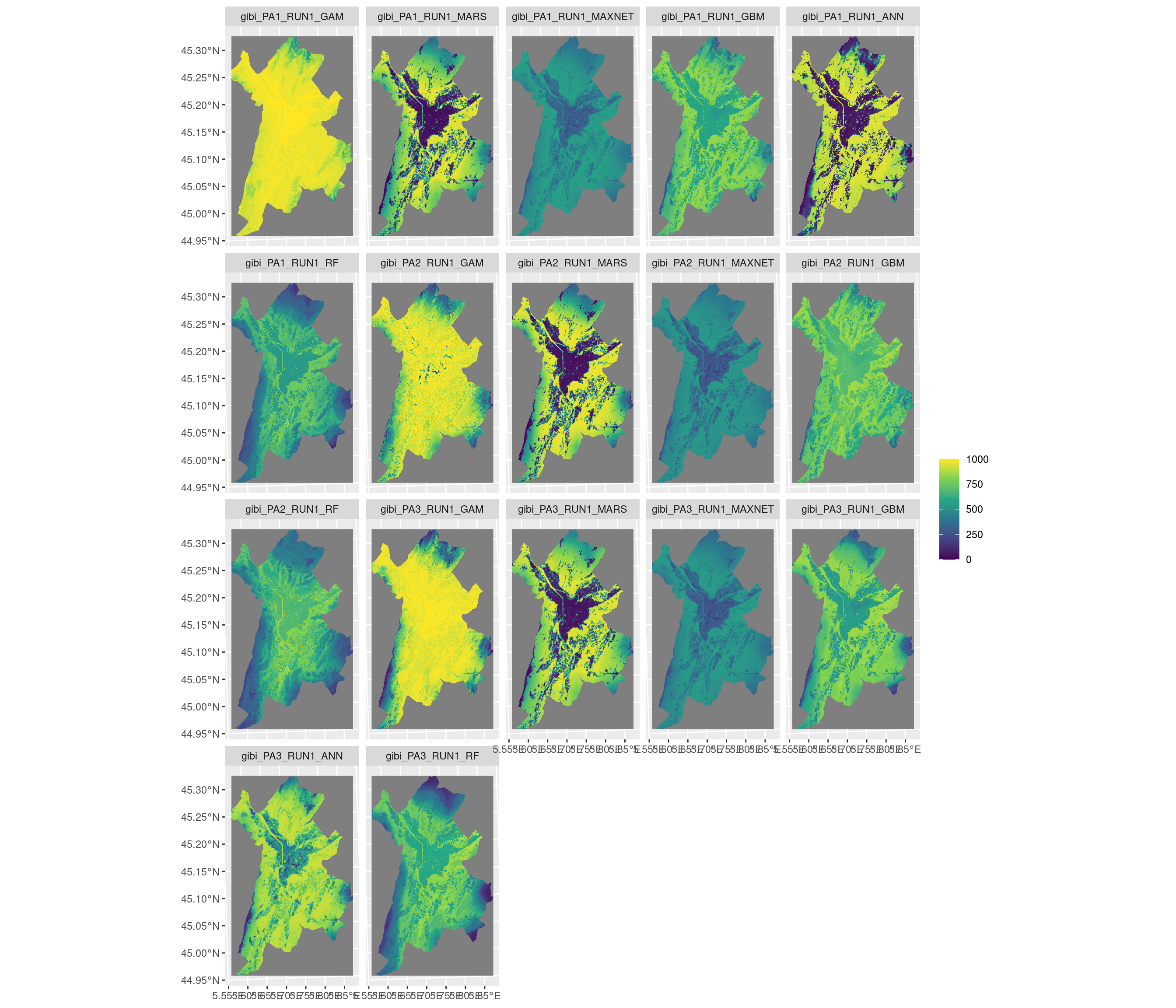 Projection de la distribution potentielle contemporaine sur la métropole de Grenoble, selon les 6 algorithmes et les 3 runs.