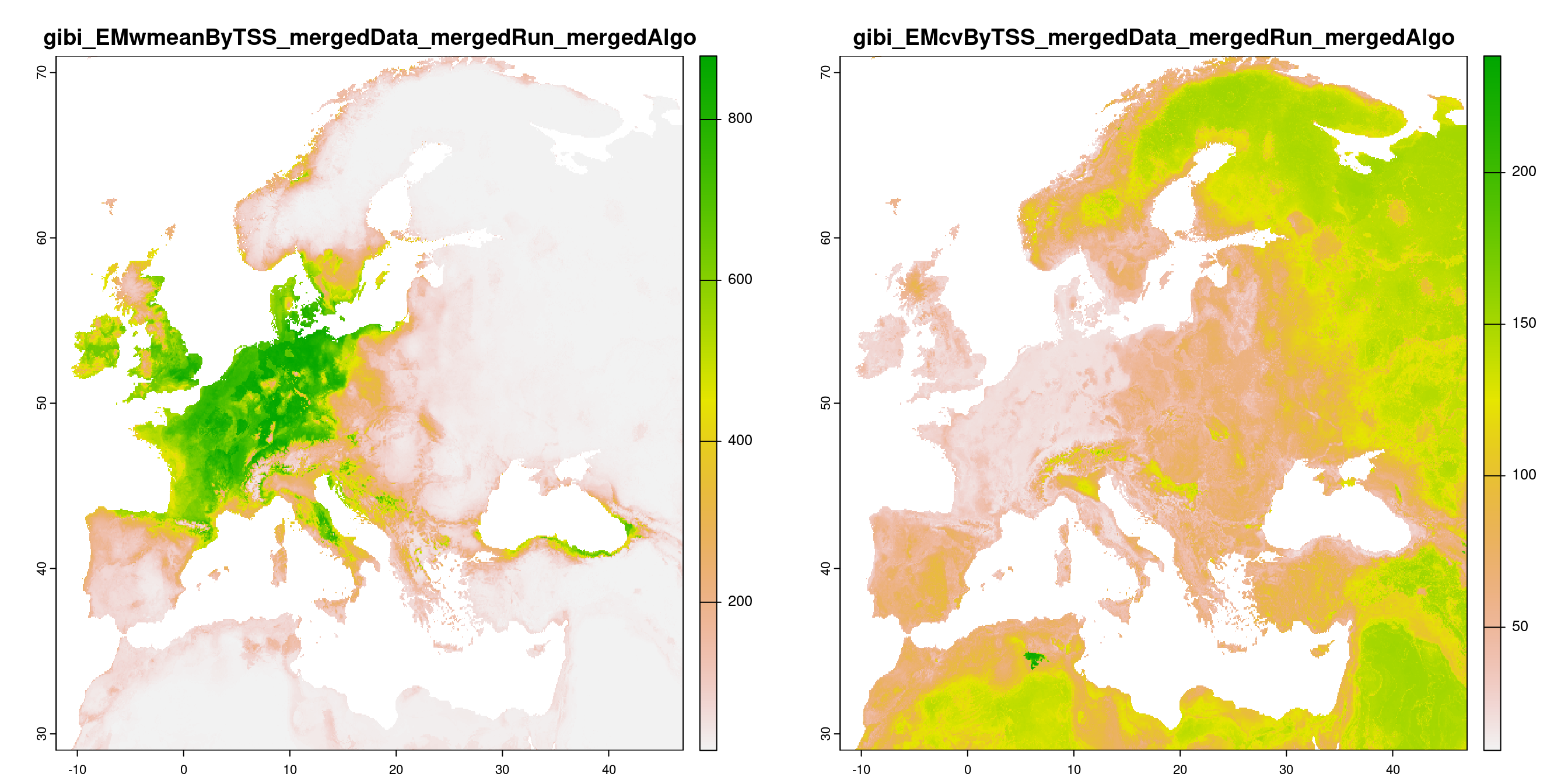 A) Projection de la distribution potentielle contemporaine (modèle d'ensemble) ; B) Incertitude associée à la projection.