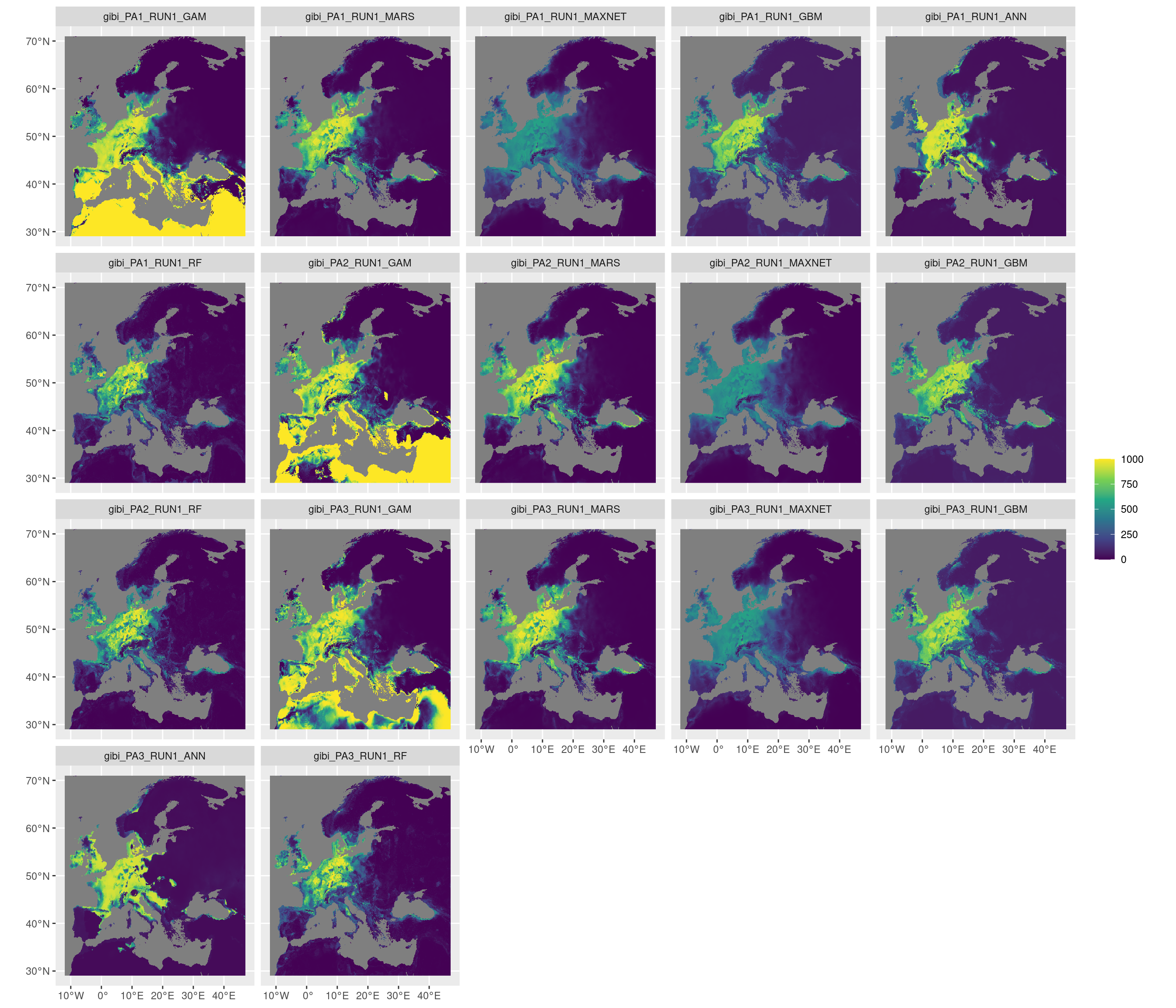 Projection de la distribution potentielle contemporaine sur l'Europe, selon les 6 algorithmes et les 3 runs.