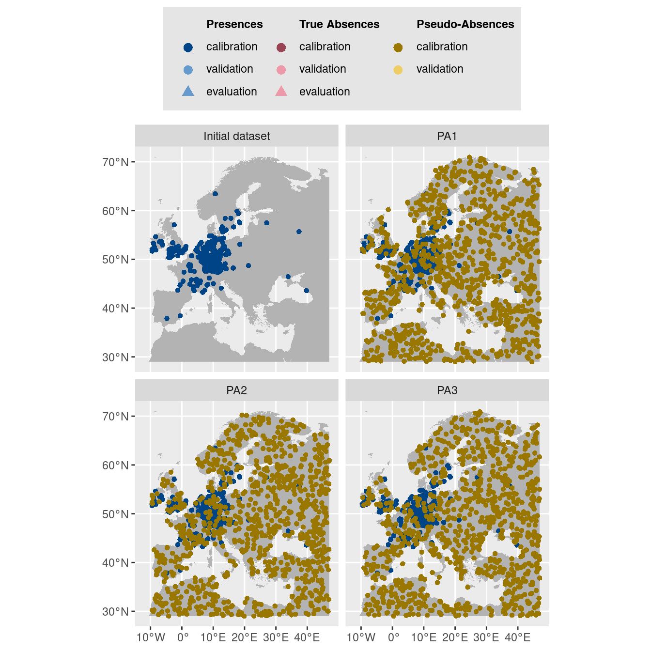 Les données d'occurrences (en haut à gauche) et les trois jeux de données aléatoires de pseudo-absences.