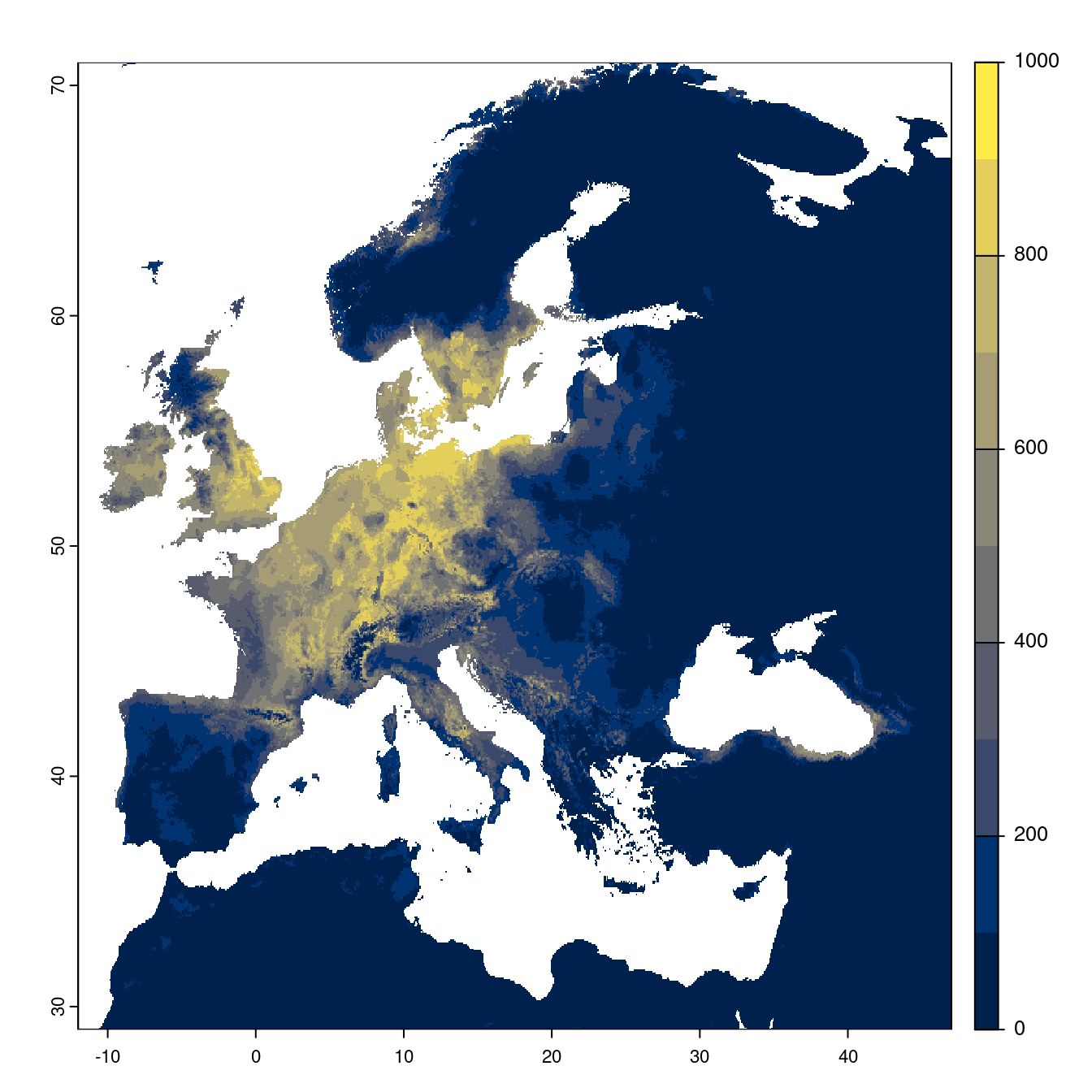 Projection des distributions potentielles futures jusqu'à l'horizon 2100 sous le scénario SSP1-2.6 (modèle d'ensemble).