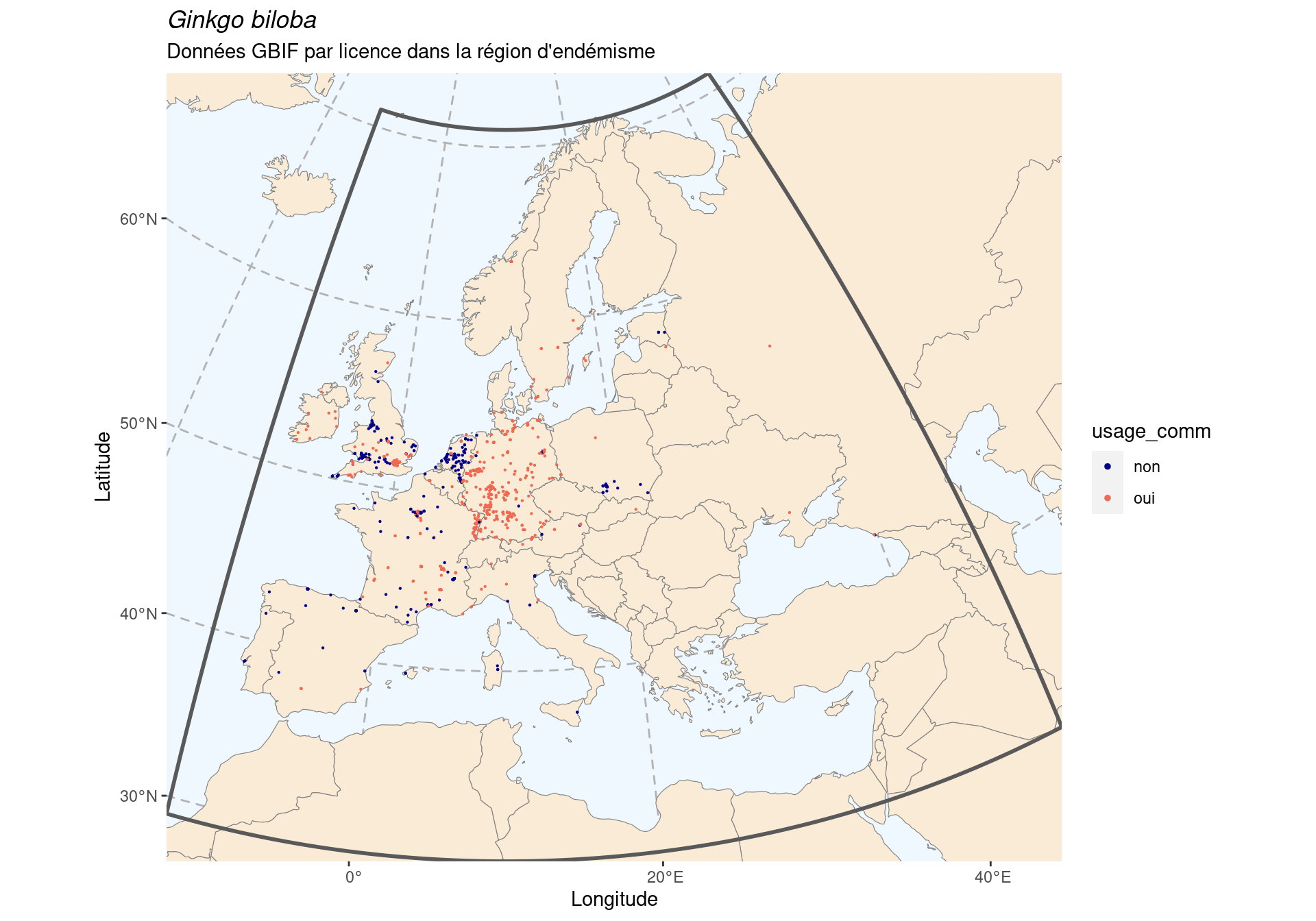Occurrence de Ginkgo biloba dans la région d'endémisme, selon la licence : CC BY-NC en bleu ; CC0 et CC BY en orange.