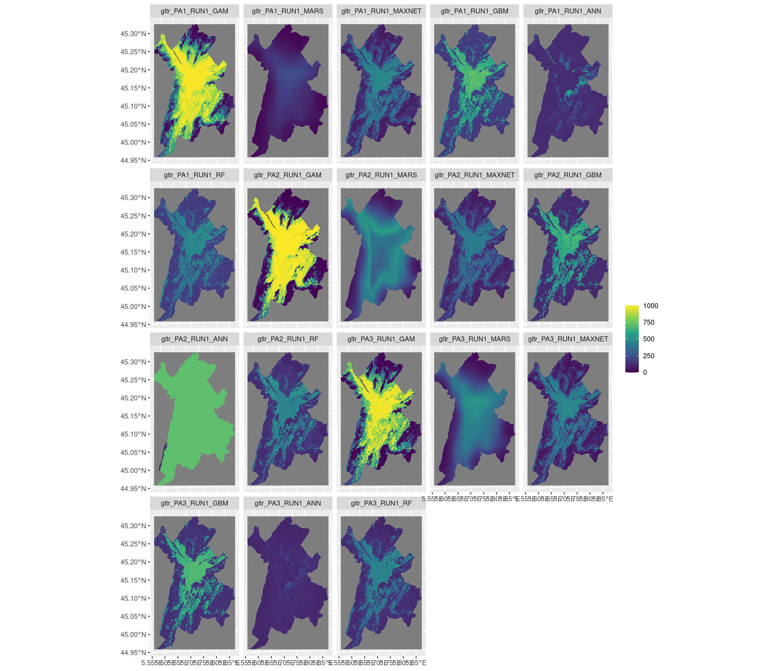 Projection de la distribution potentielle contemporaine sur la métropole de Grenoble, selon les 6 algorithmes et les 3 runs.