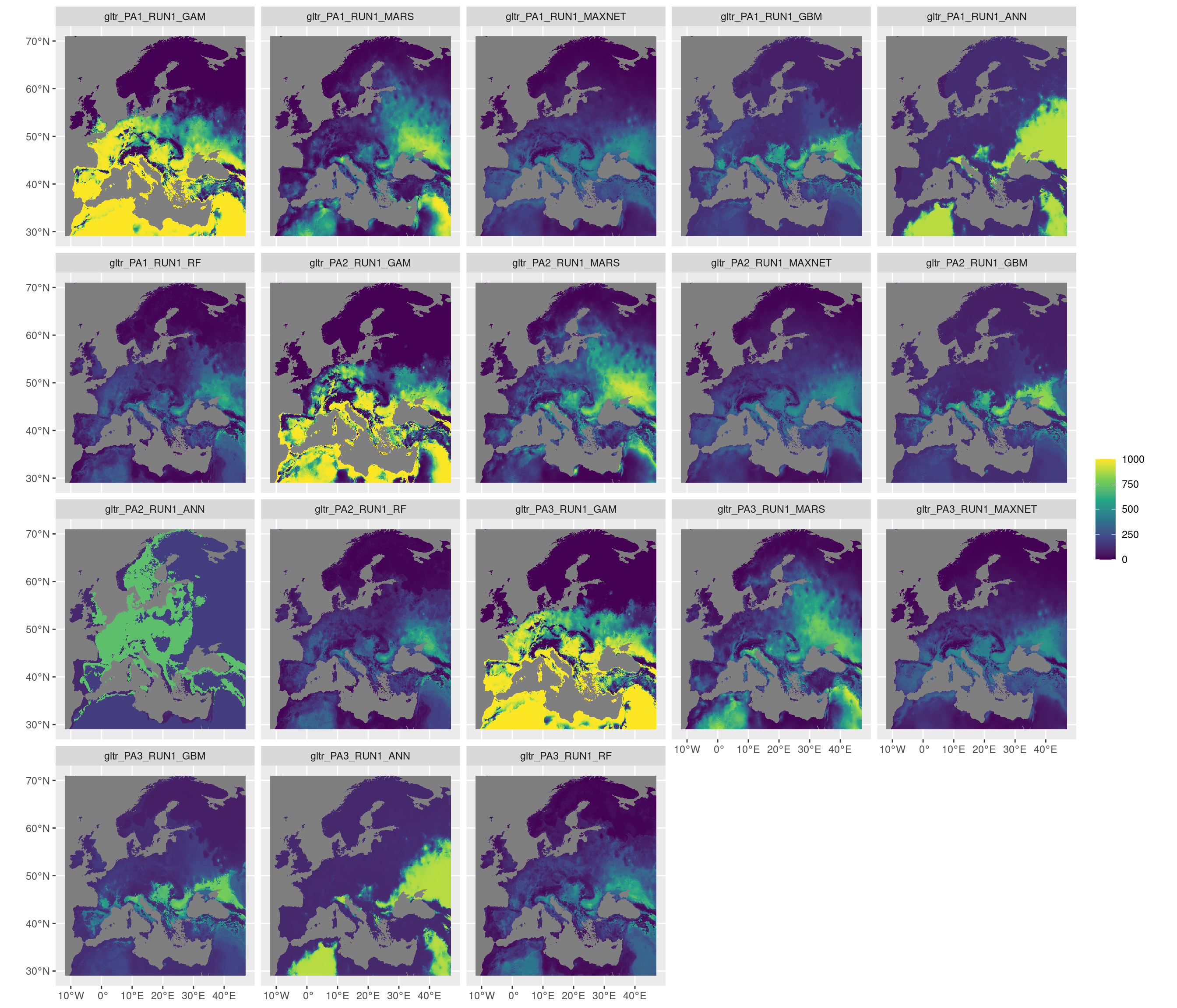 Projection de la distribution potentielle contemporaine sur l'Europe, selon les 6 algorithmes et les 3 runs.
