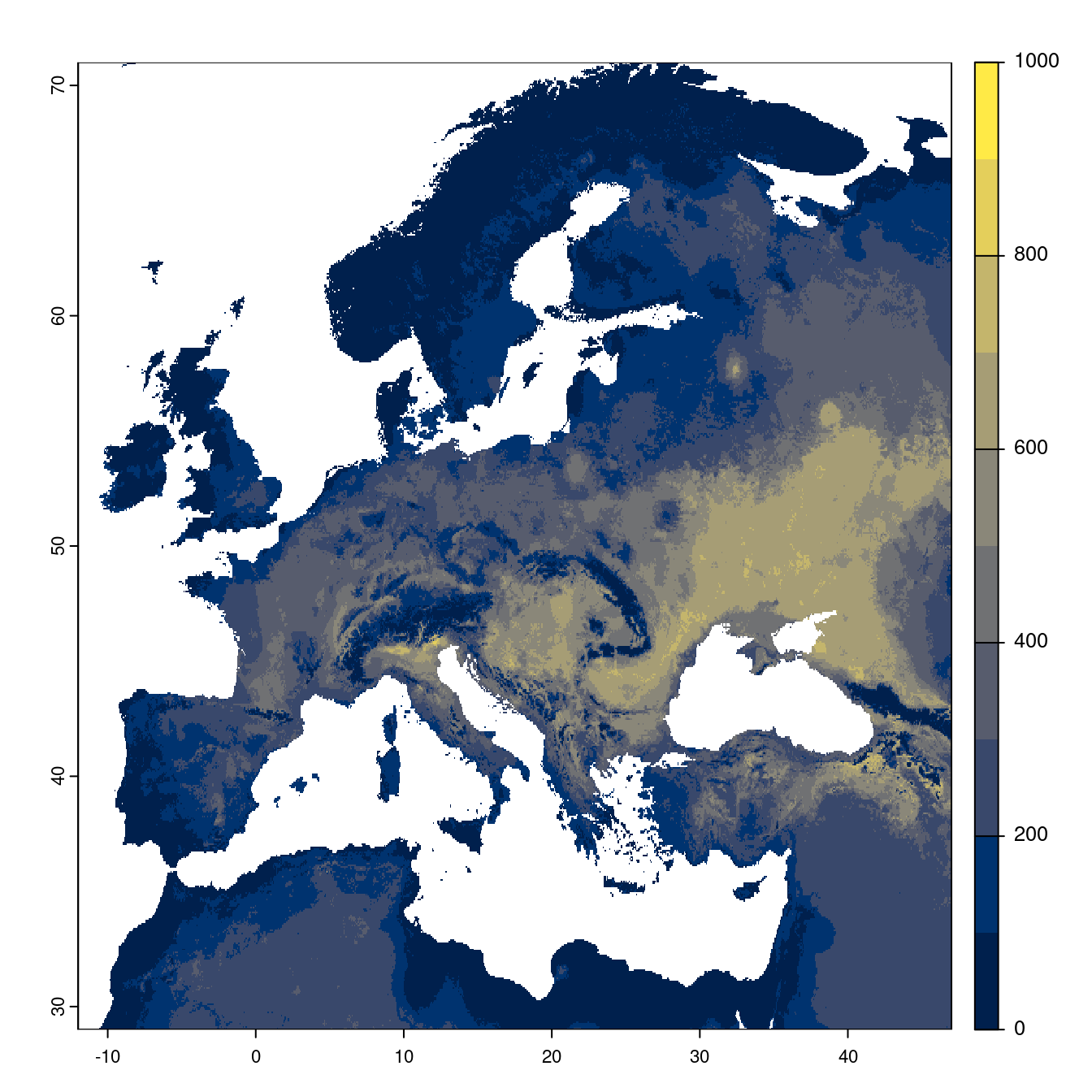 Projection des distributions potentielles futures jusqu'à l'horizon 2100 sous le scénario SSP1-2.6 (modèle d'ensemble).