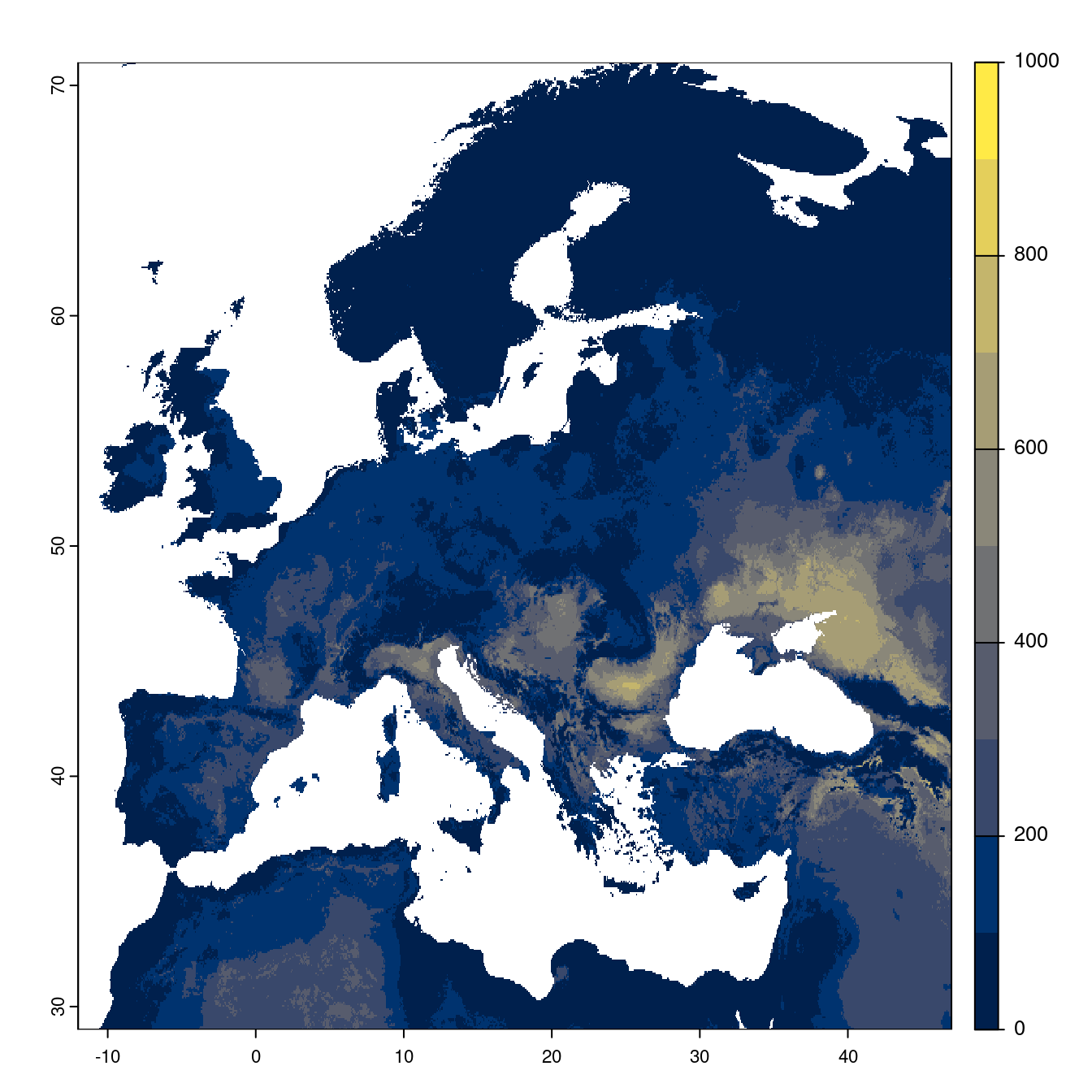 Projection des distributions potentielles futures jusqu'à l'horizon 2100 sous le scénario SSP2-4.5 (modèle d'ensemble).
