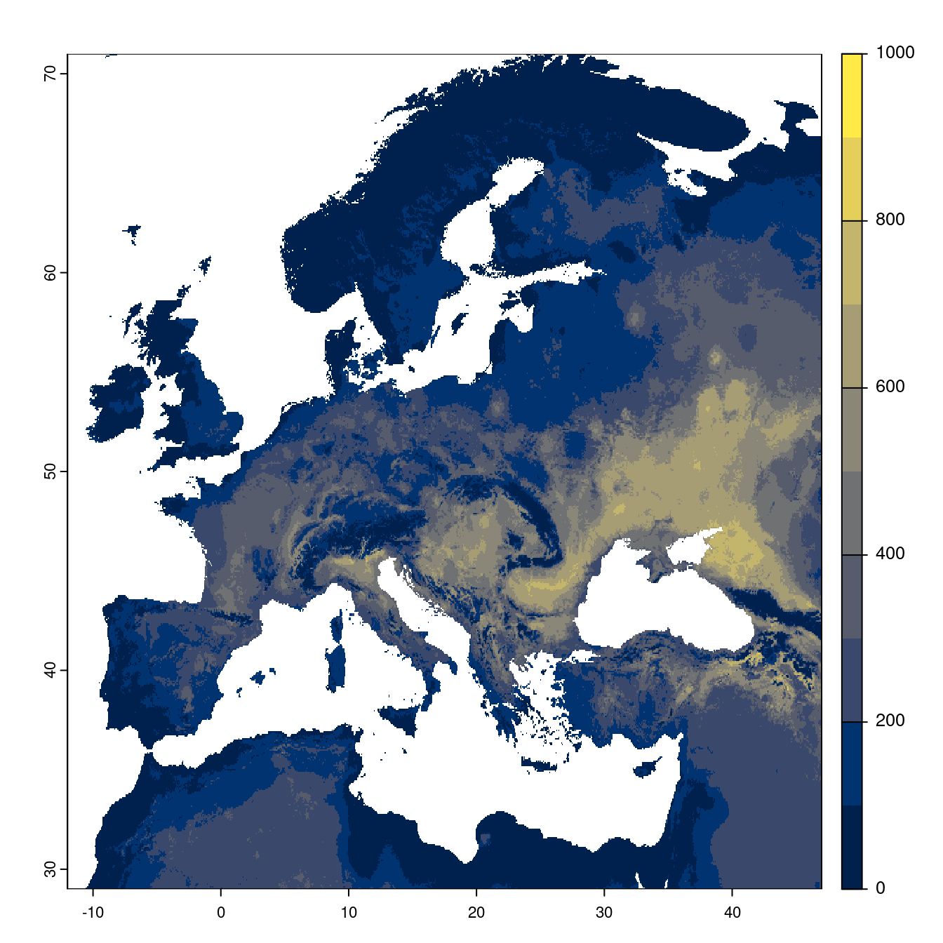 Projection des distributions potentielles futures jusqu'à l'horizon 2100 sous le scénario SSP2-4.5 (modèle d'ensemble).
