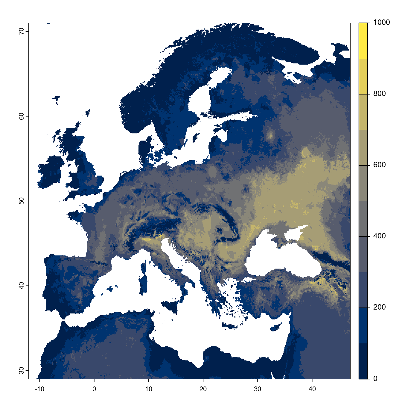 Projection des distributions potentielles futures jusqu'à l'horizon 2100 sous le scénario SSP2-4.5 (modèle d'ensemble).