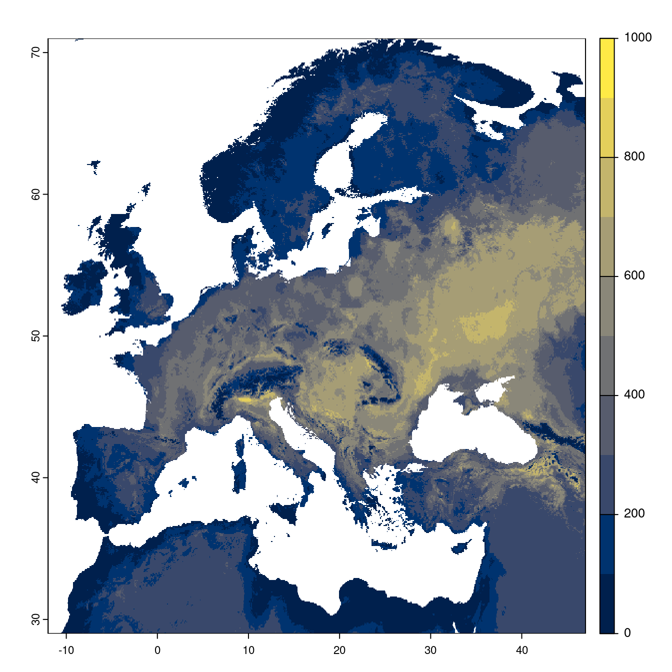 Projection des distributions potentielles futures jusqu'à l'horizon 2100 sous le scénario SSP2-4.5 (modèle d'ensemble).