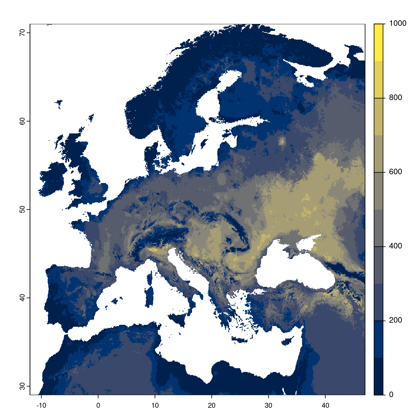 Projection des distributions potentielles futures jusqu'à l'horizon 2100 sous le scénario SSP3-7.0 (modèle d'ensemble).