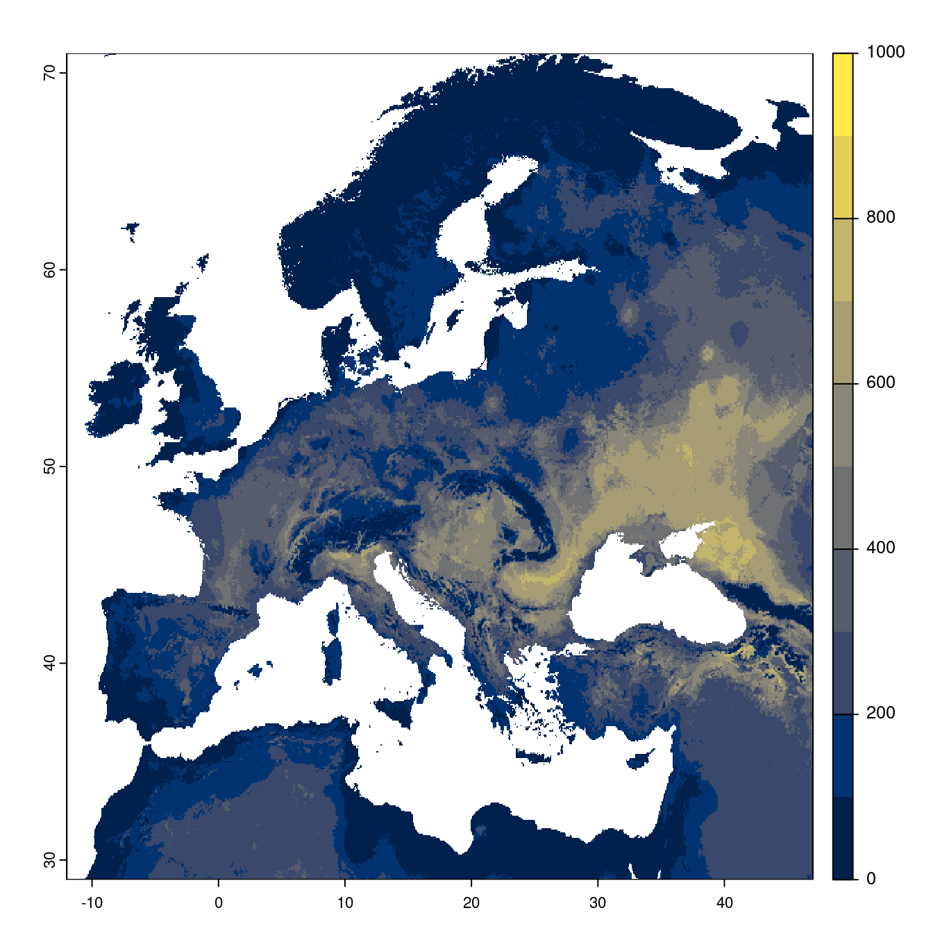 Projection des distributions potentielles futures jusqu'à l'horizon 2100 sous le scénario SSP5-8.5 (modèle d'ensemble).