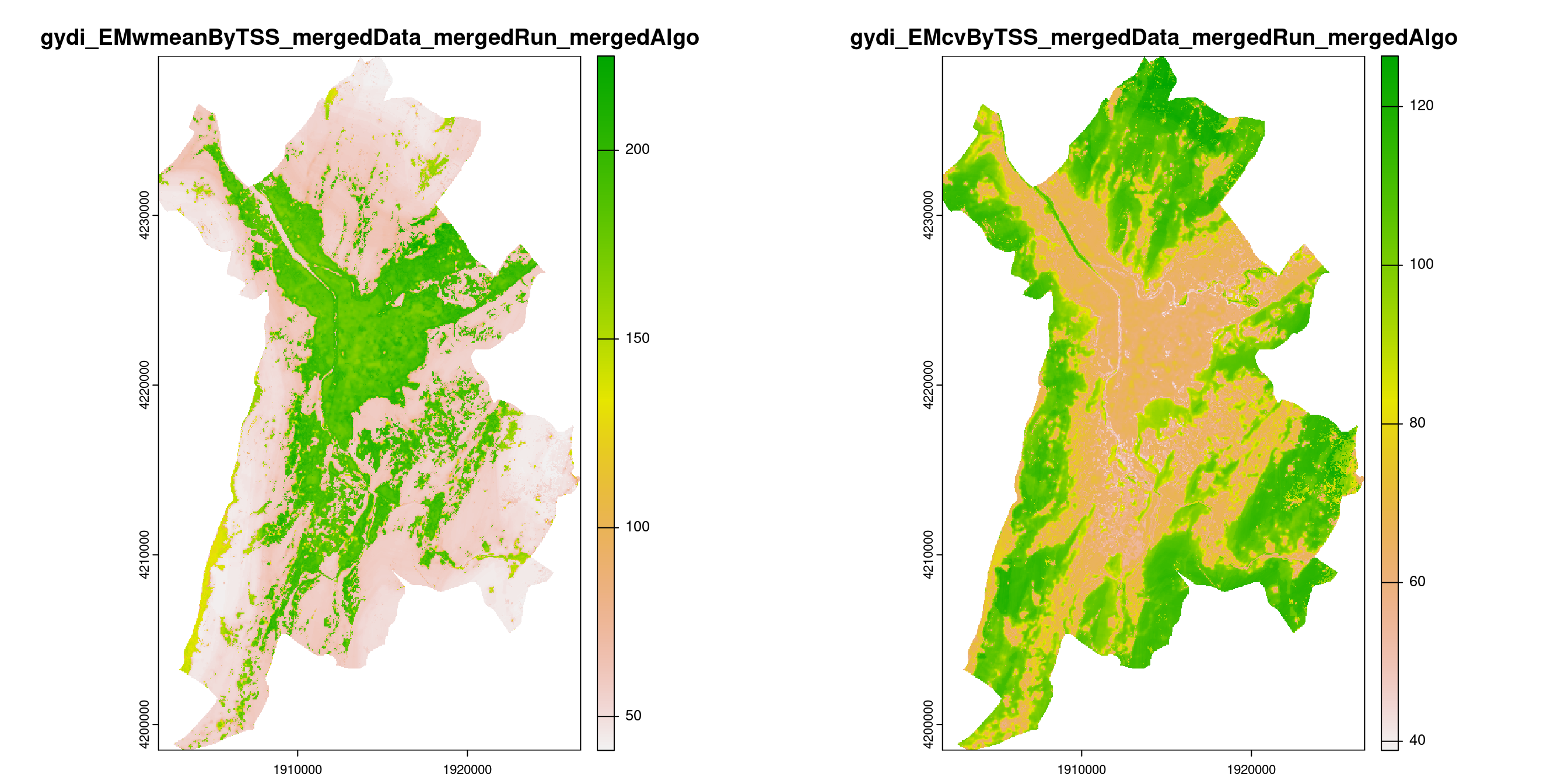 A) Projection de la distribution potentielle contemporaine (modèle d'ensemble) sur la métropole de Grenoble ; B) Incertitude associée à la projection.