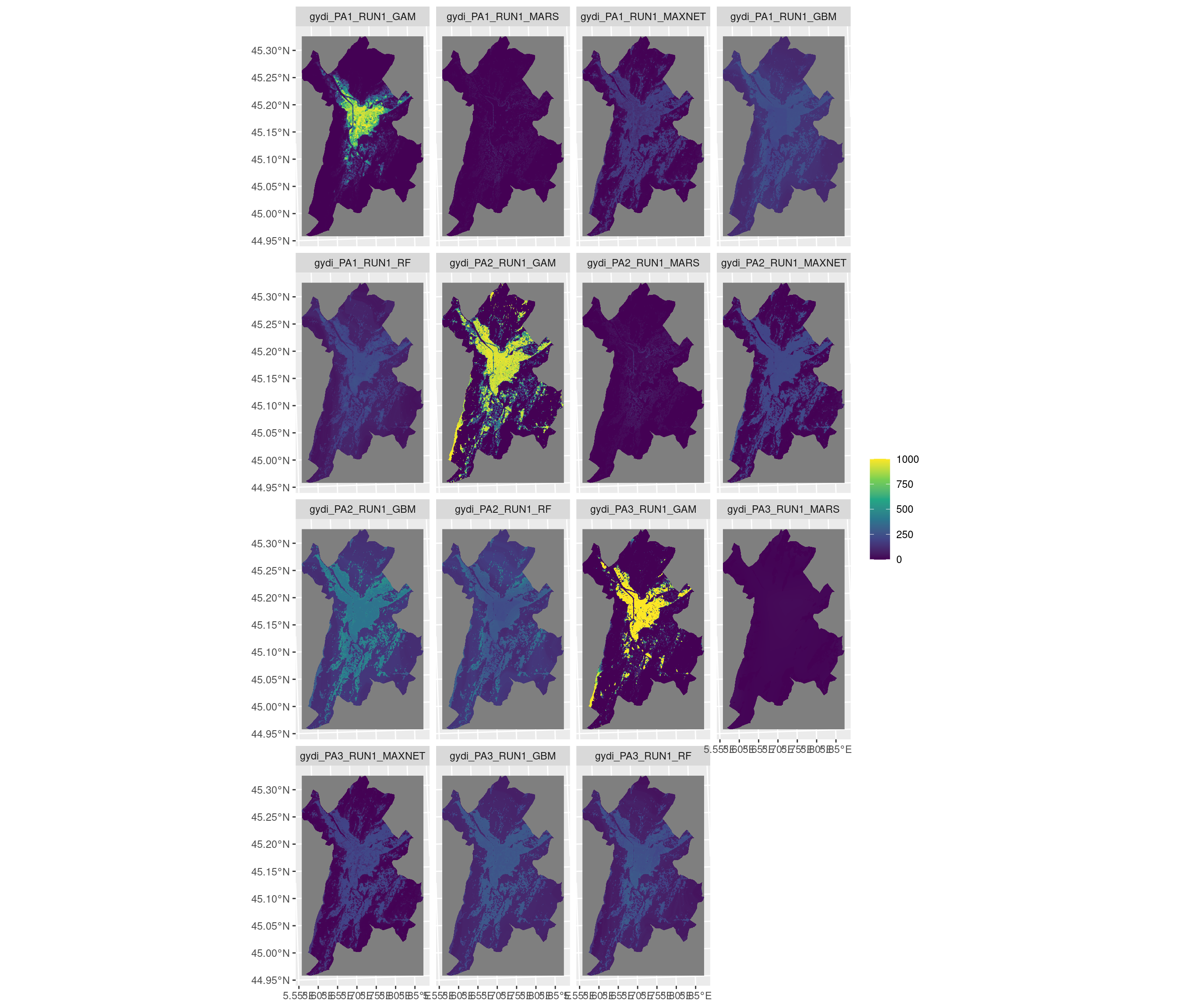 Projection de la distribution potentielle contemporaine sur la métropole de Grenoble, selon les 6 algorithmes et les 3 runs.