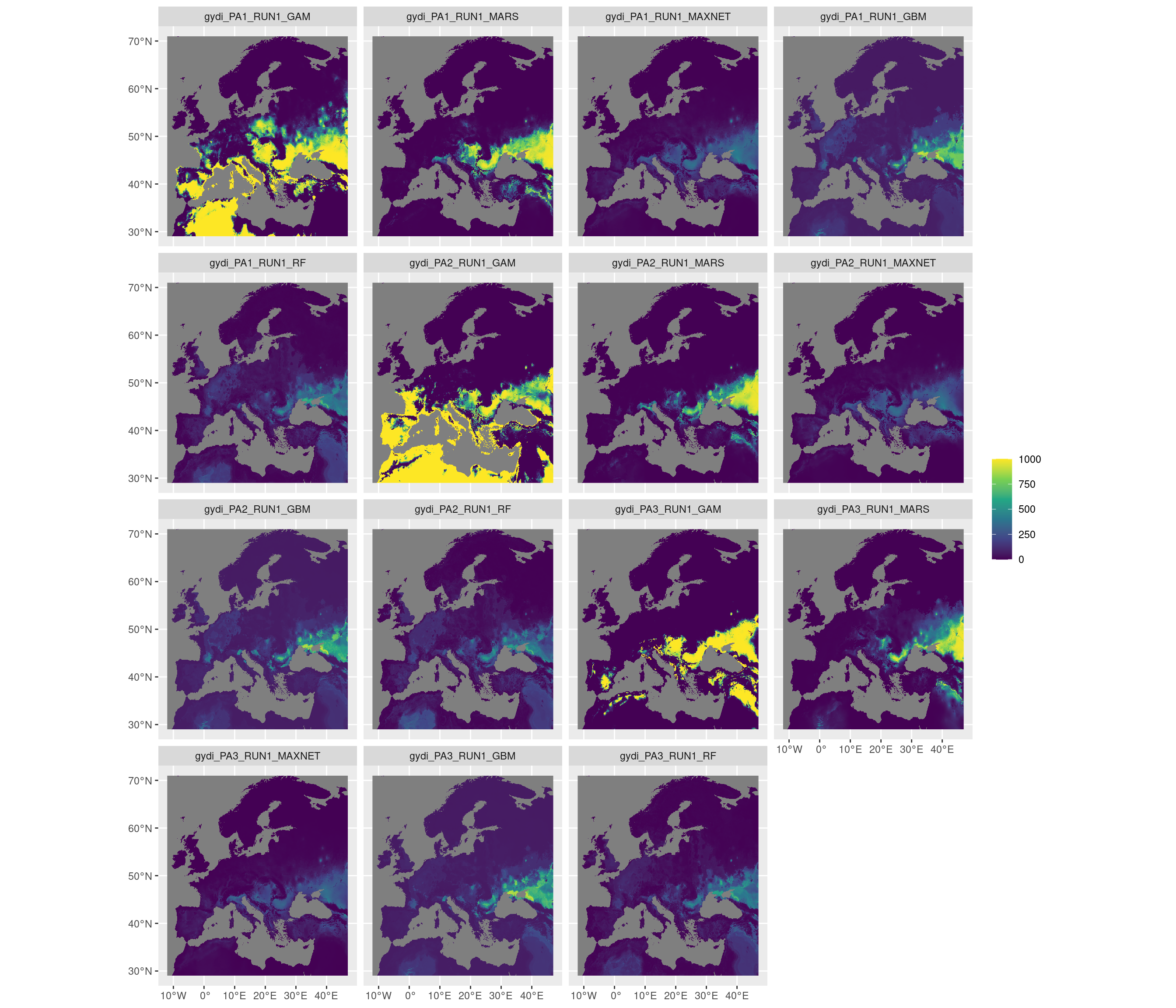 Projection de la distribution potentielle contemporaine sur l'Europe, selon les 6 algorithmes et les 3 runs.