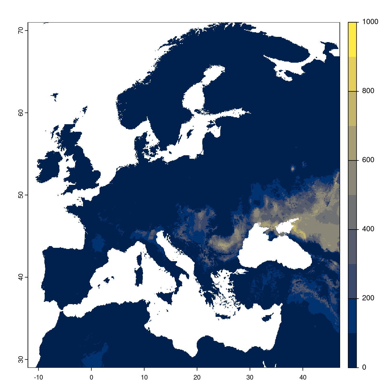 Projection des distributions potentielles futures jusqu'à l'horizon 2100 sous le scénario SSP1-2.6 (modèle d'ensemble).