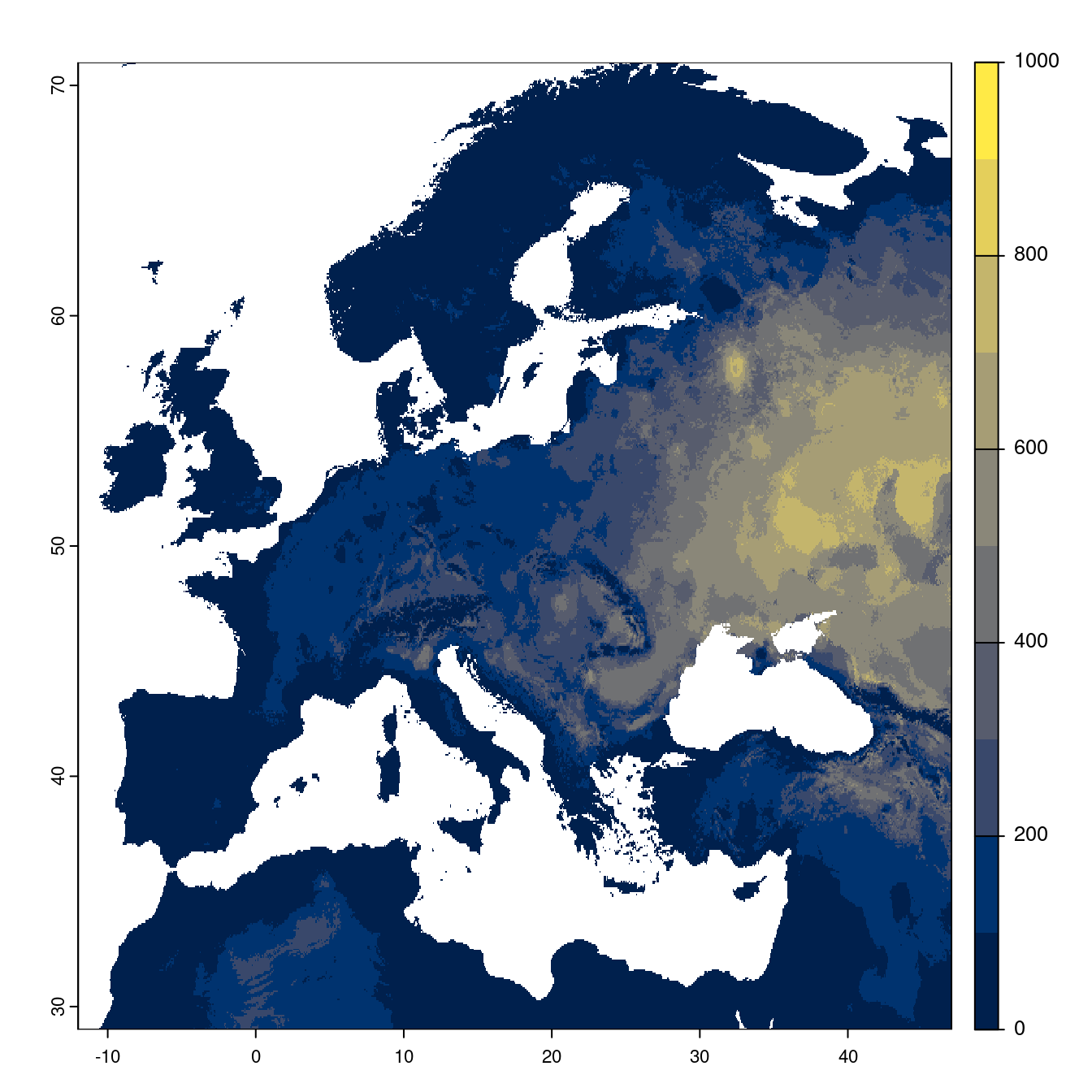 Projection des distributions potentielles futures jusqu'à l'horizon 2100 sous le scénario SSP2-4.5 (modèle d'ensemble).
