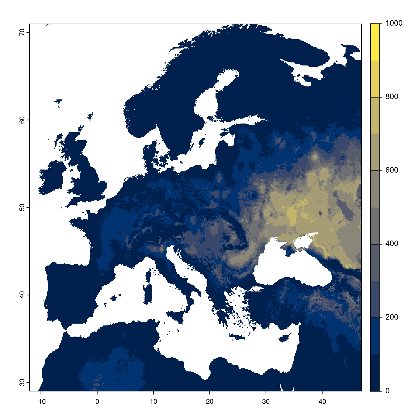 Projection des distributions potentielles futures jusqu'à l'horizon 2100 sous le scénario SSP5-8.5 (modèle d'ensemble).