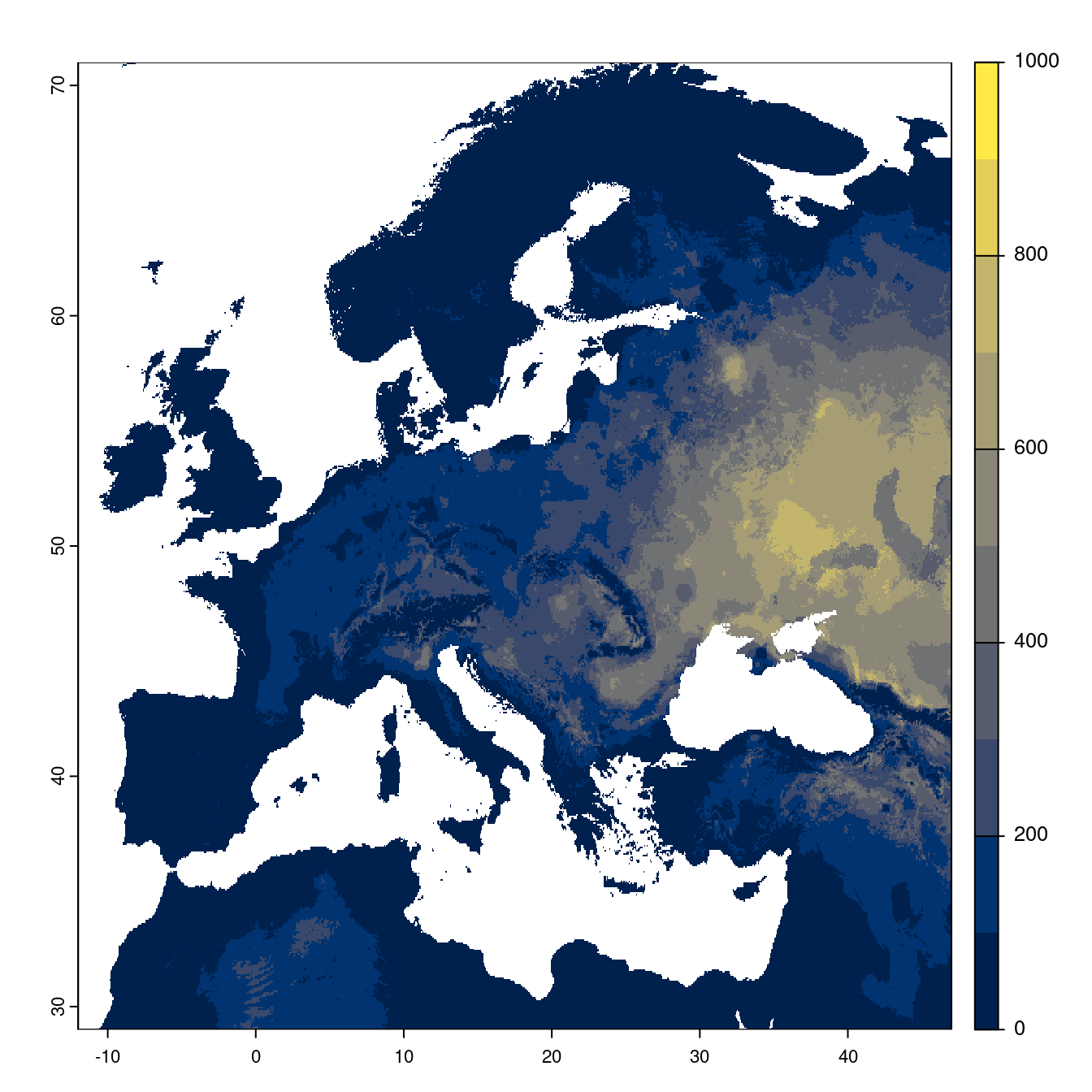 Projection des distributions potentielles futures jusqu'à l'horizon 2100 sous le scénario SSP5-8.5 (modèle d'ensemble).