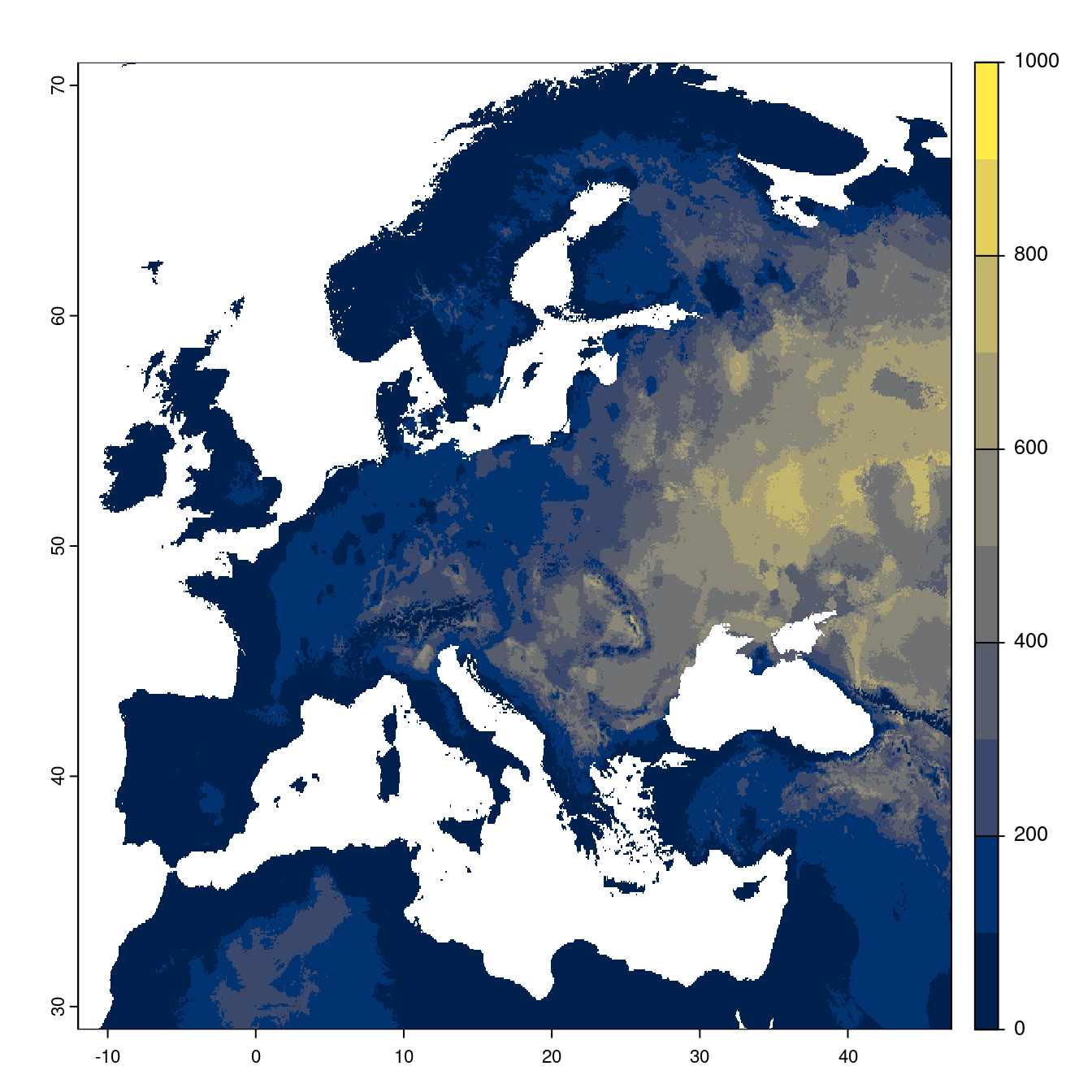 Projection des distributions potentielles futures jusqu'à l'horizon 2100 sous le scénario SSP5-8.5 (modèle d'ensemble).