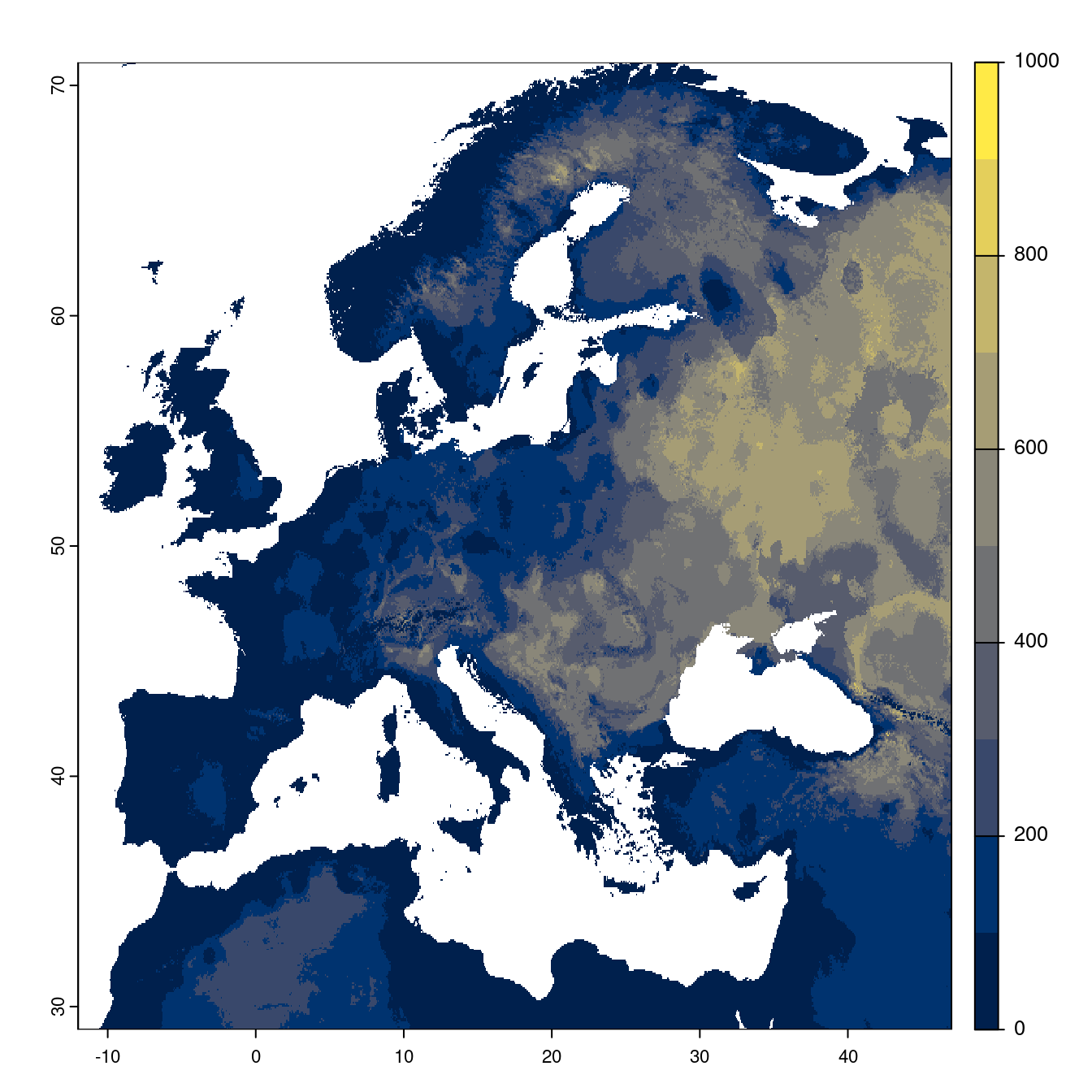 Projection des distributions potentielles futures jusqu'à l'horizon 2100 sous le scénario SSP5-8.5 (modèle d'ensemble).