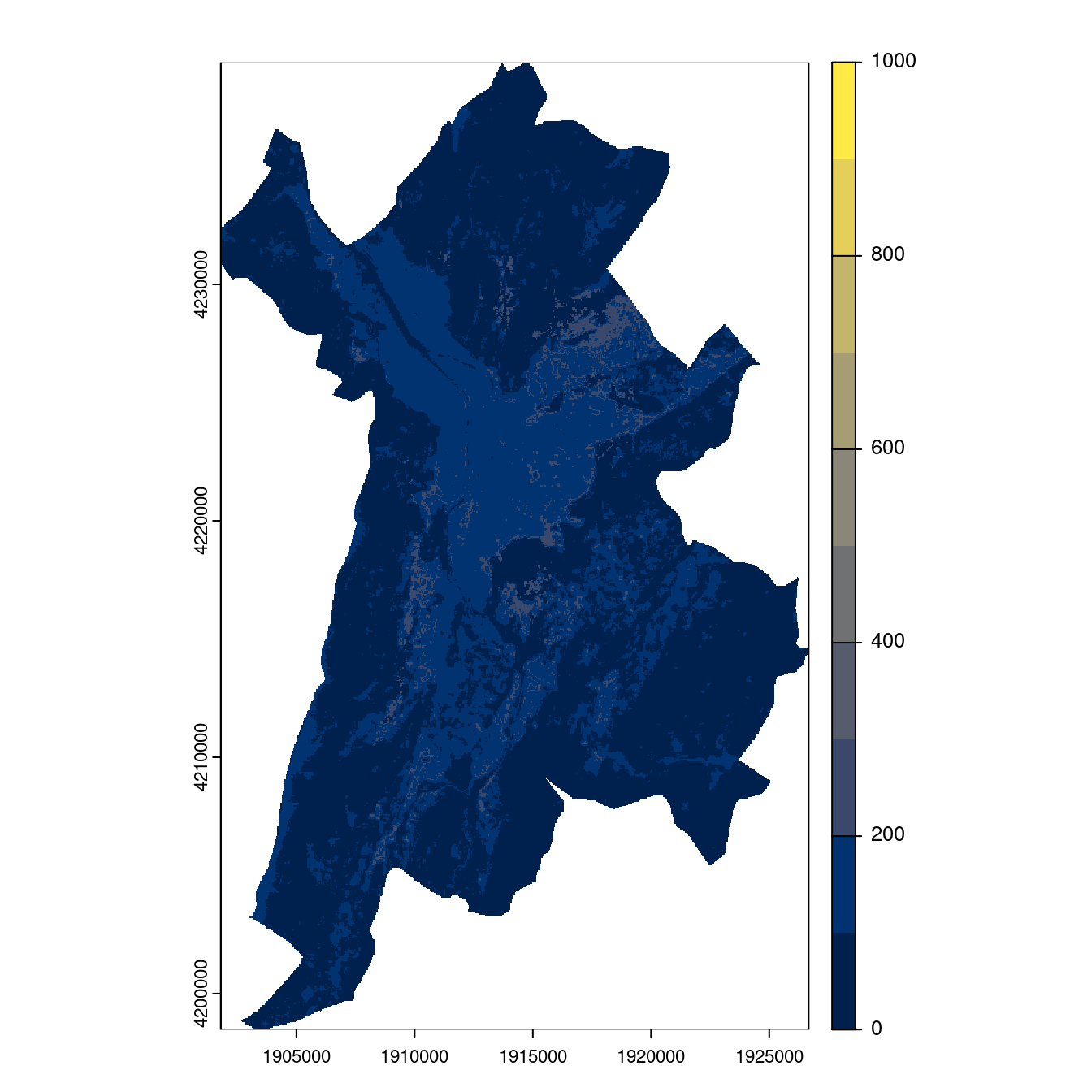 Projection des distributions potentielles contemporaine et futures jusqu'à l'horizon 2100 sous le scénario SSP5-8.5 (modèle d'ensemble, GCM IPSL).