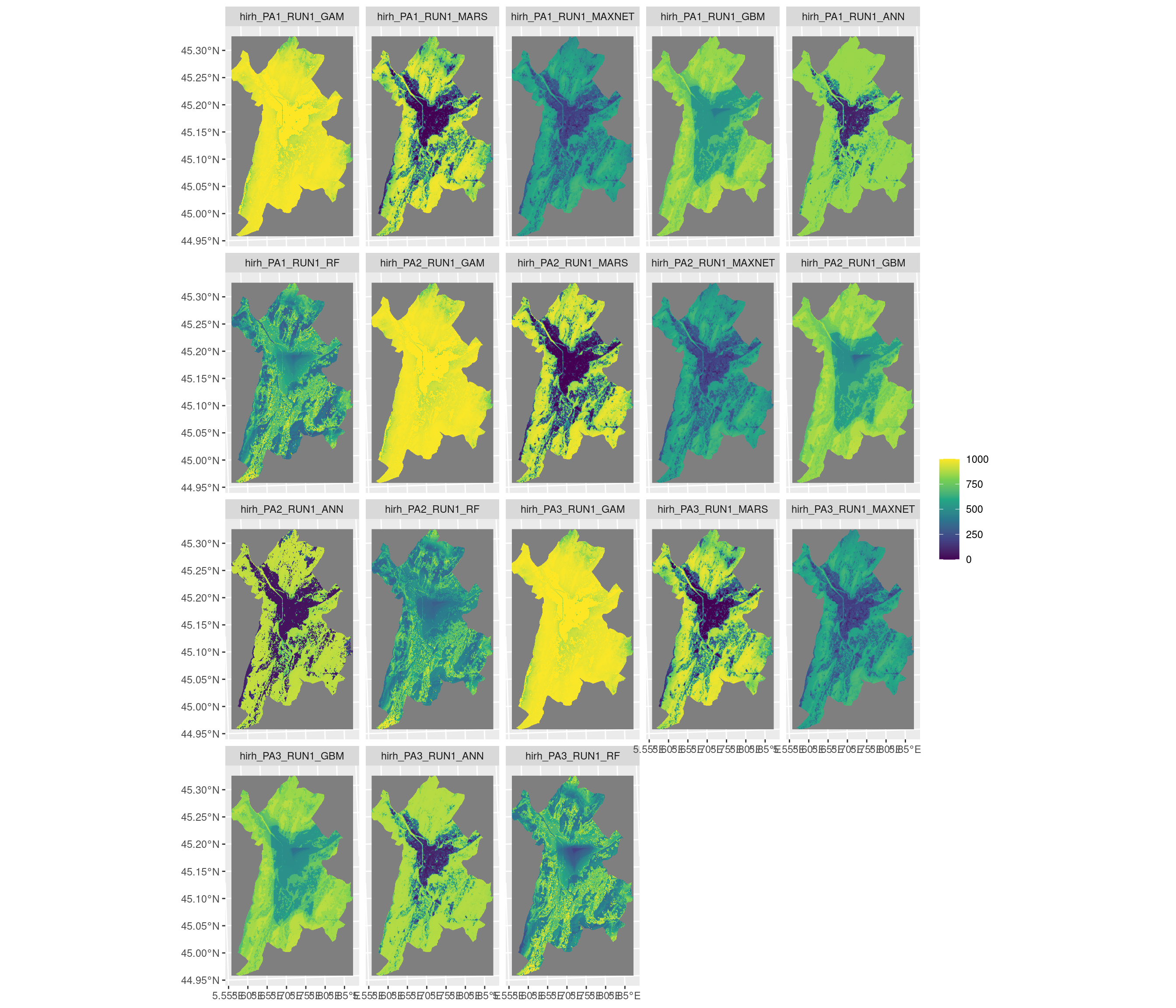 Projection de la distribution potentielle contemporaine sur la métropole de Grenoble, selon les 6 algorithmes et les 3 runs.
