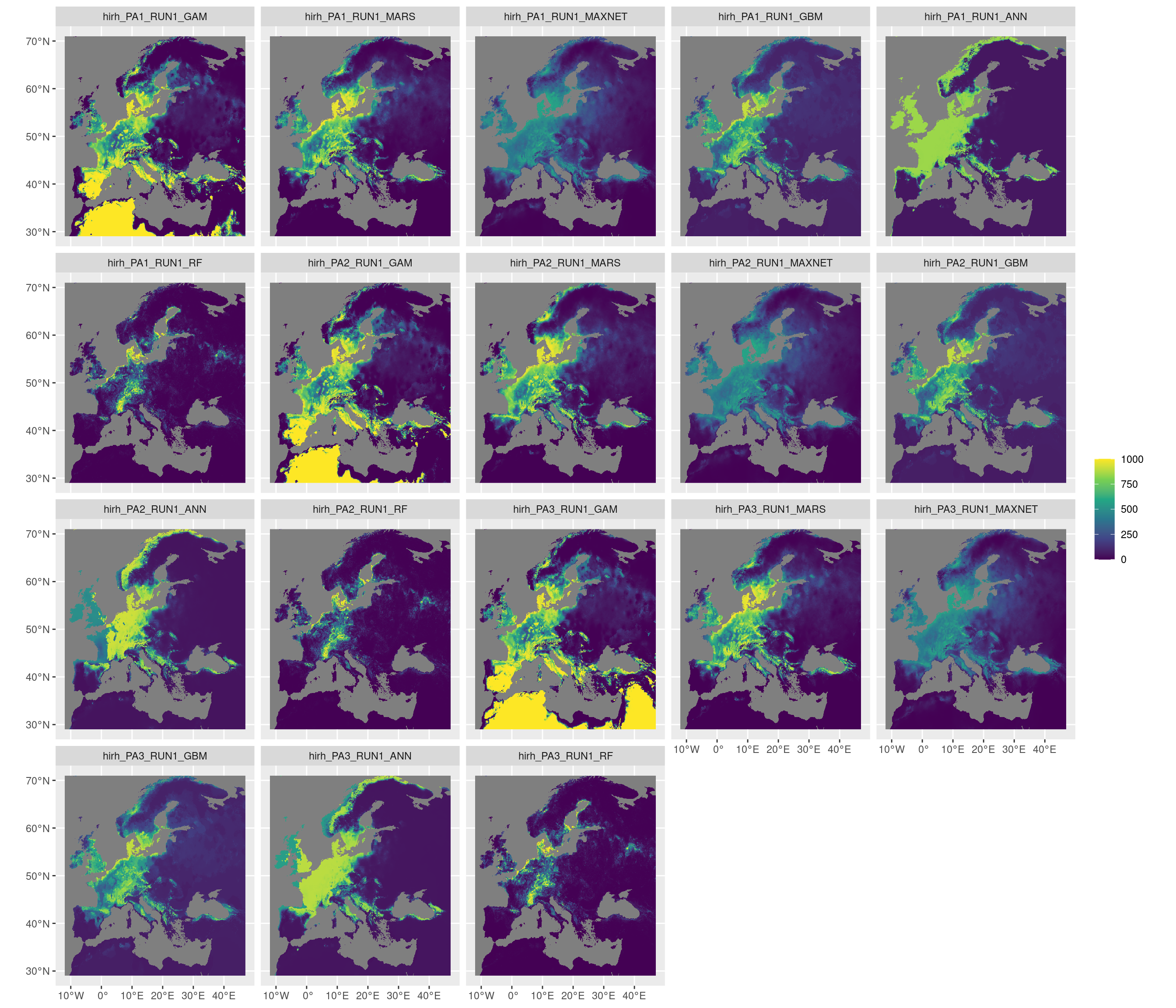 Projection de la distribution potentielle contemporaine sur l'Europe, selon les 6 algorithmes et les 3 runs.