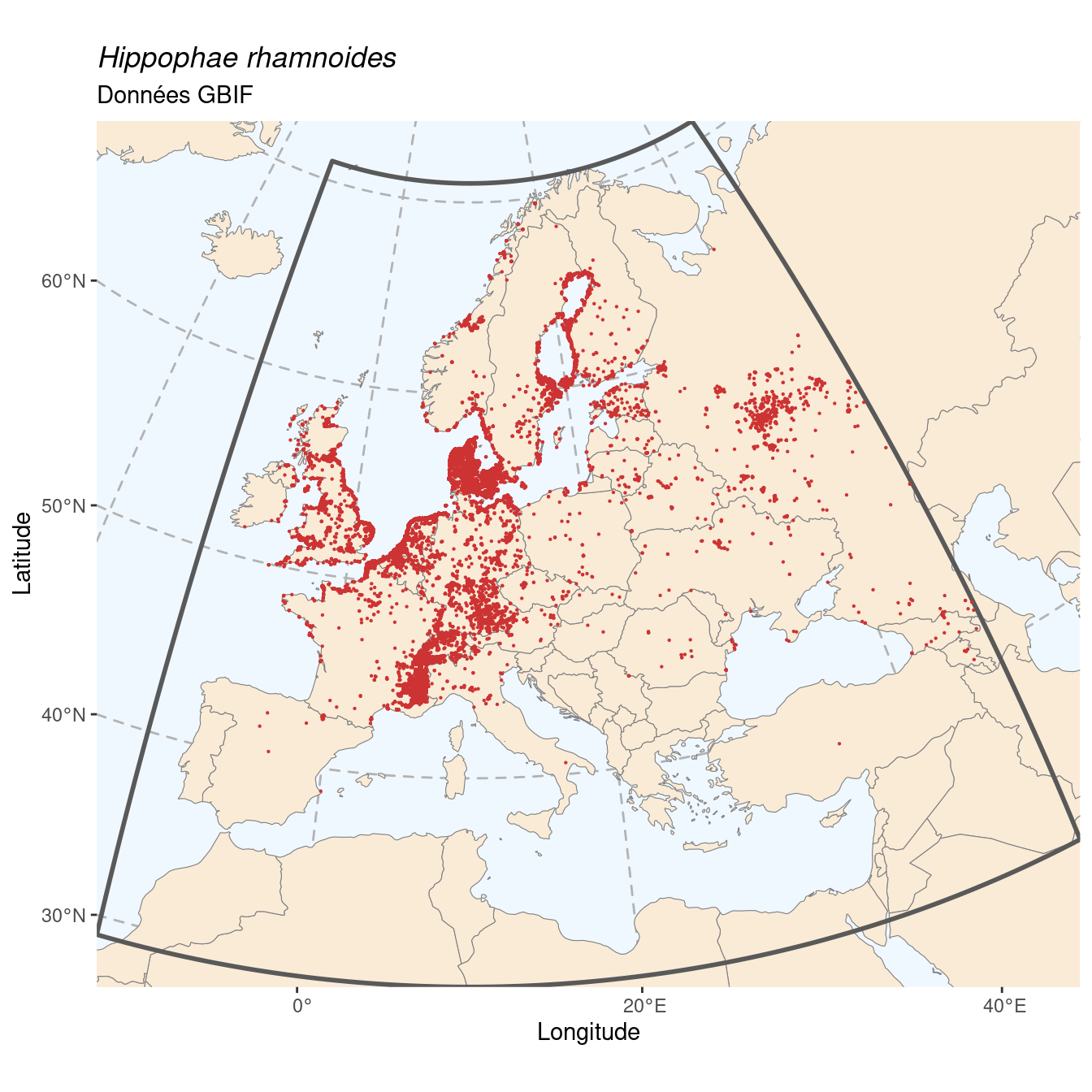 Occurrence de Hippophae rhamnoides dans la région d'endémisme.