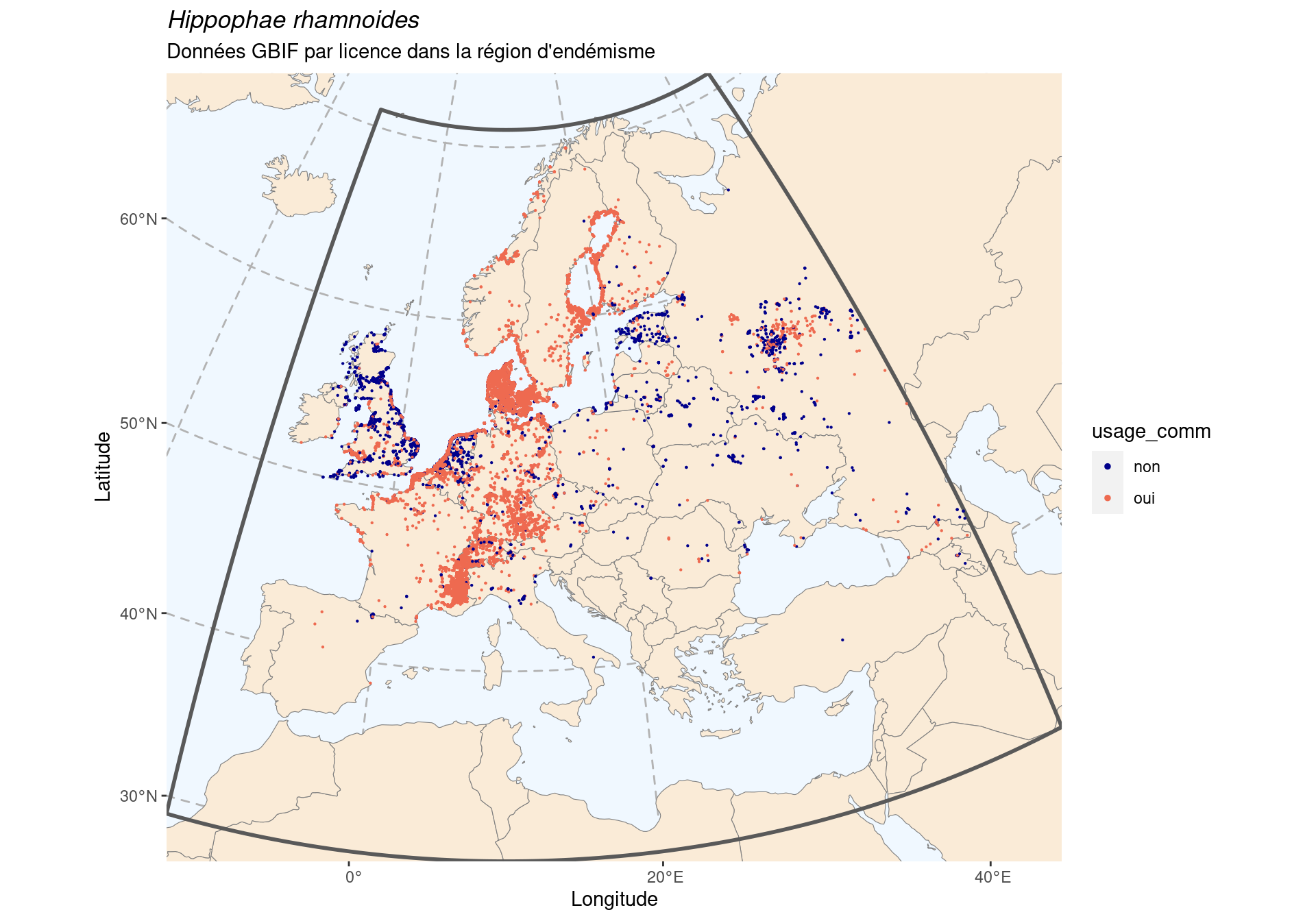 Occurrence de Hippophae rhamnoides dans la région d'endémisme, selon la licence : CC BY-NC en bleu ; CC0 et CC BY en orange.