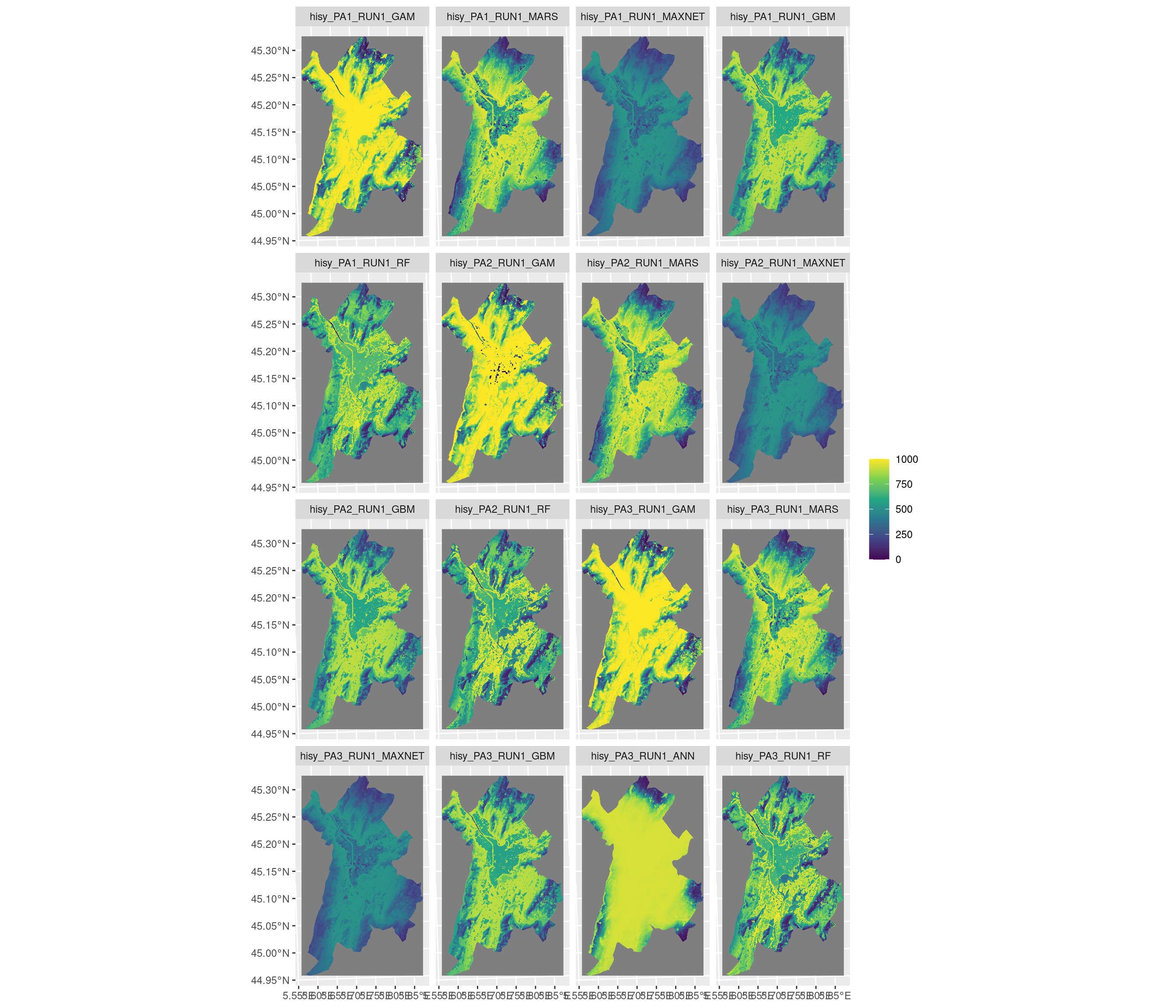 Projection de la distribution potentielle contemporaine sur la métropole de Grenoble, selon les 6 algorithmes et les 3 runs.