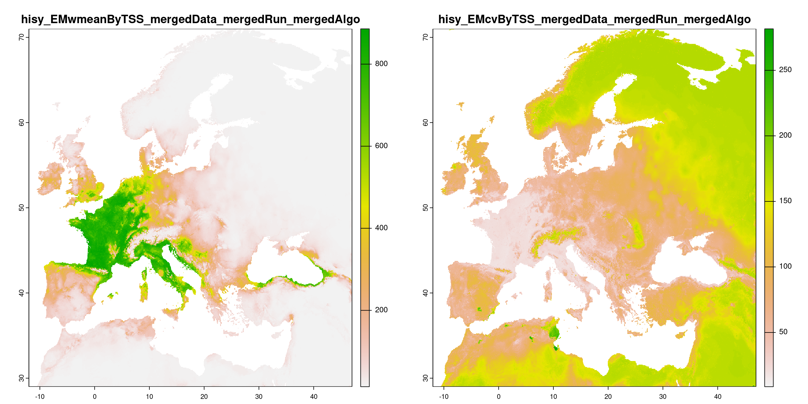 A) Projection de la distribution potentielle contemporaine (modèle d'ensemble) ; B) Incertitude associée à la projection.