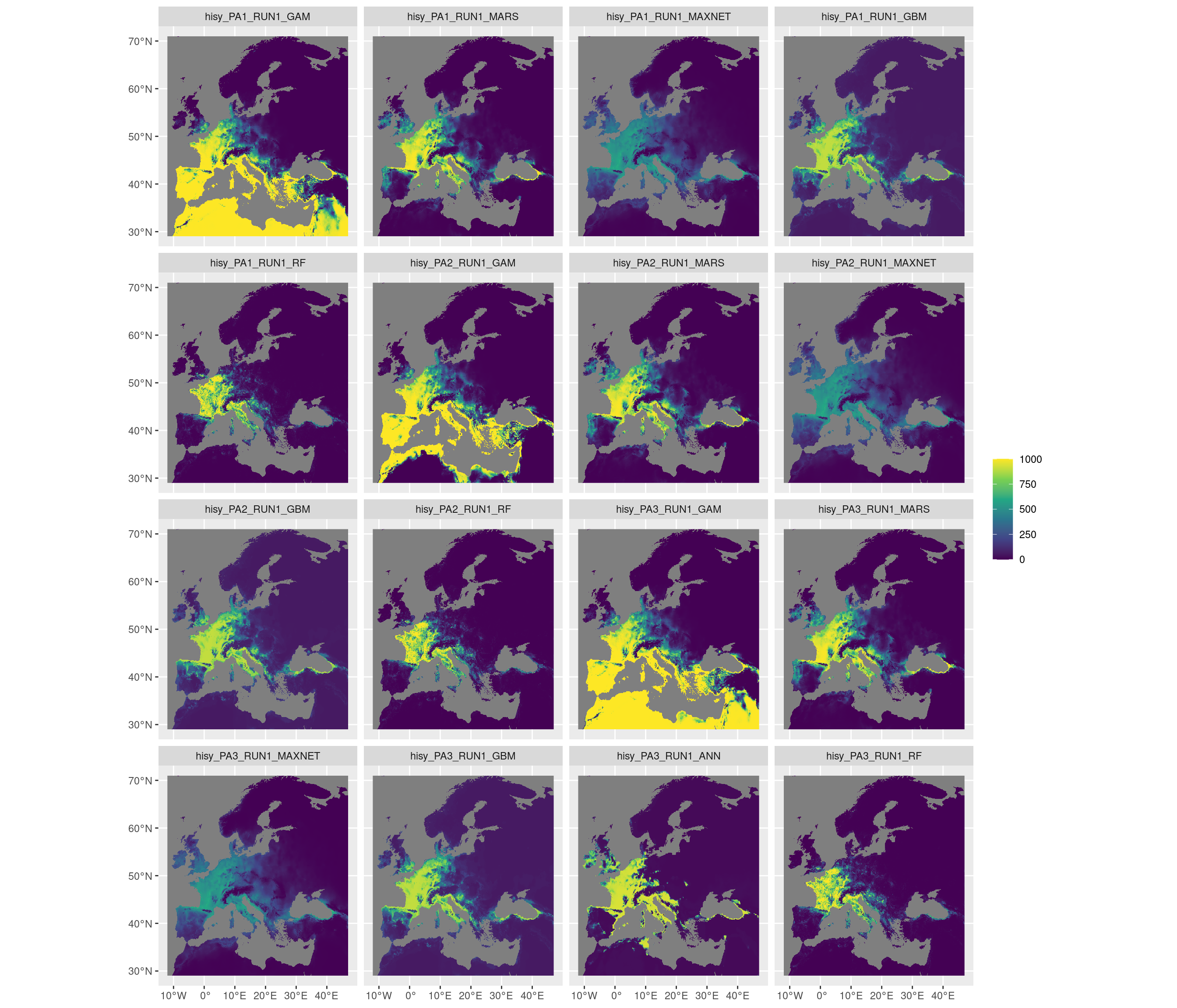 Projection de la distribution potentielle contemporaine sur l'Europe, selon les 6 algorithmes et les 3 runs.