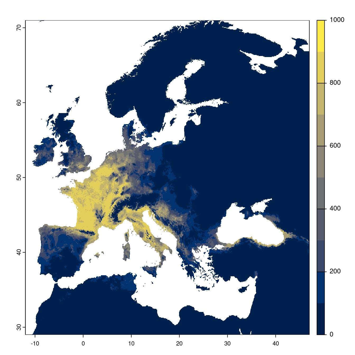 Projection des distributions potentielles futures jusqu'à l'horizon 2100 sous le scénario SSP2-4.5 (modèle d'ensemble).
