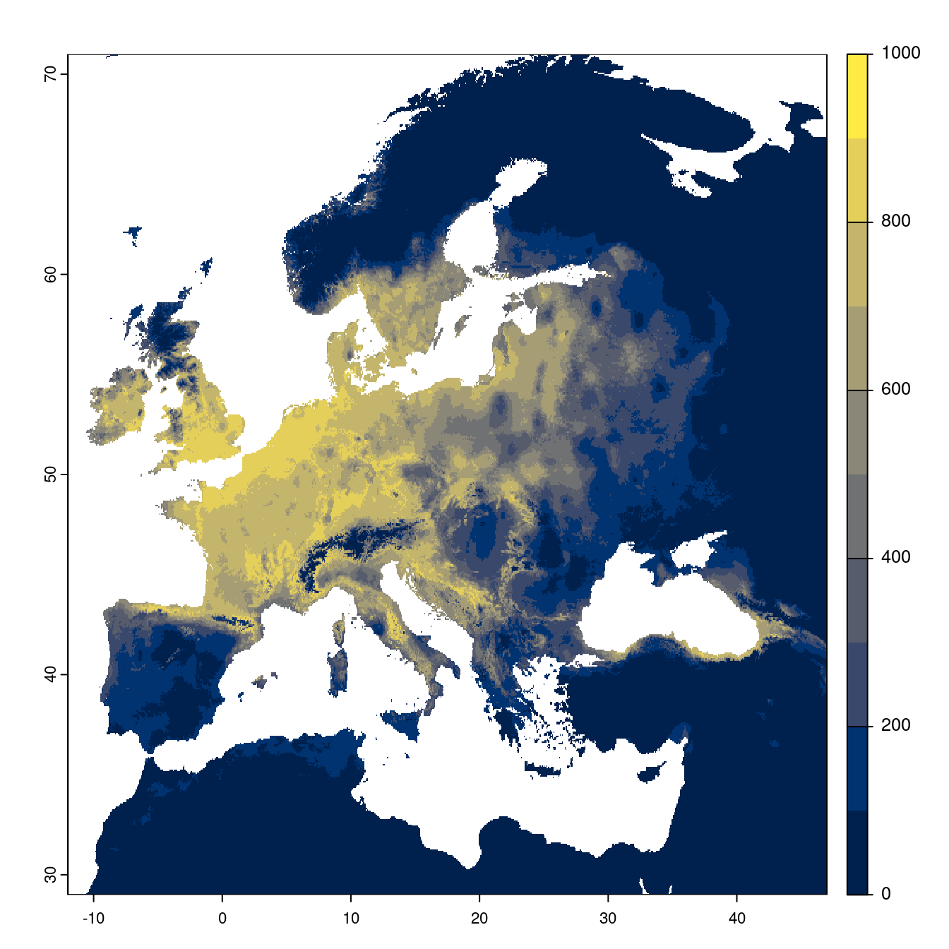 Projection des distributions potentielles futures jusqu'à l'horizon 2100 sous le scénario SSP2-4.5 (modèle d'ensemble).